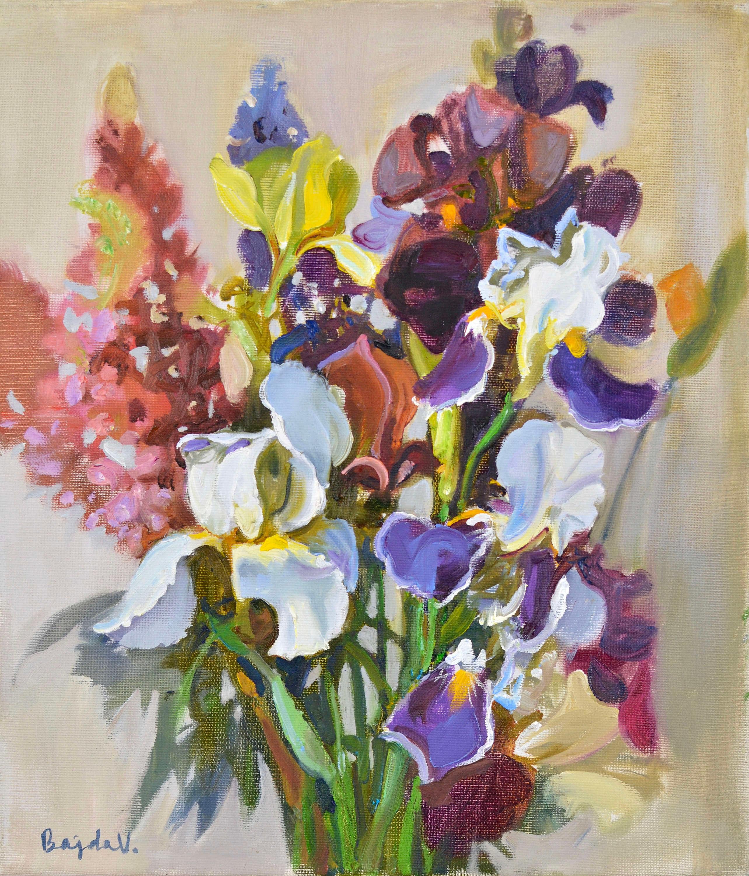 Valery Bayda  Still-Life Painting – Iris. 2024. Leinwand, Öl, 40 × 35 cm. Unterschrieben.