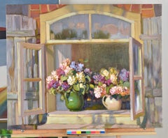 Lillà alla finestra. 2012, di Valery Bayda. Olio su tela. 65x81 cm. Firmato