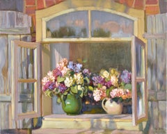 Lilacs in the window. 2012. Canvas, oil. 65x81 cm. Signed.