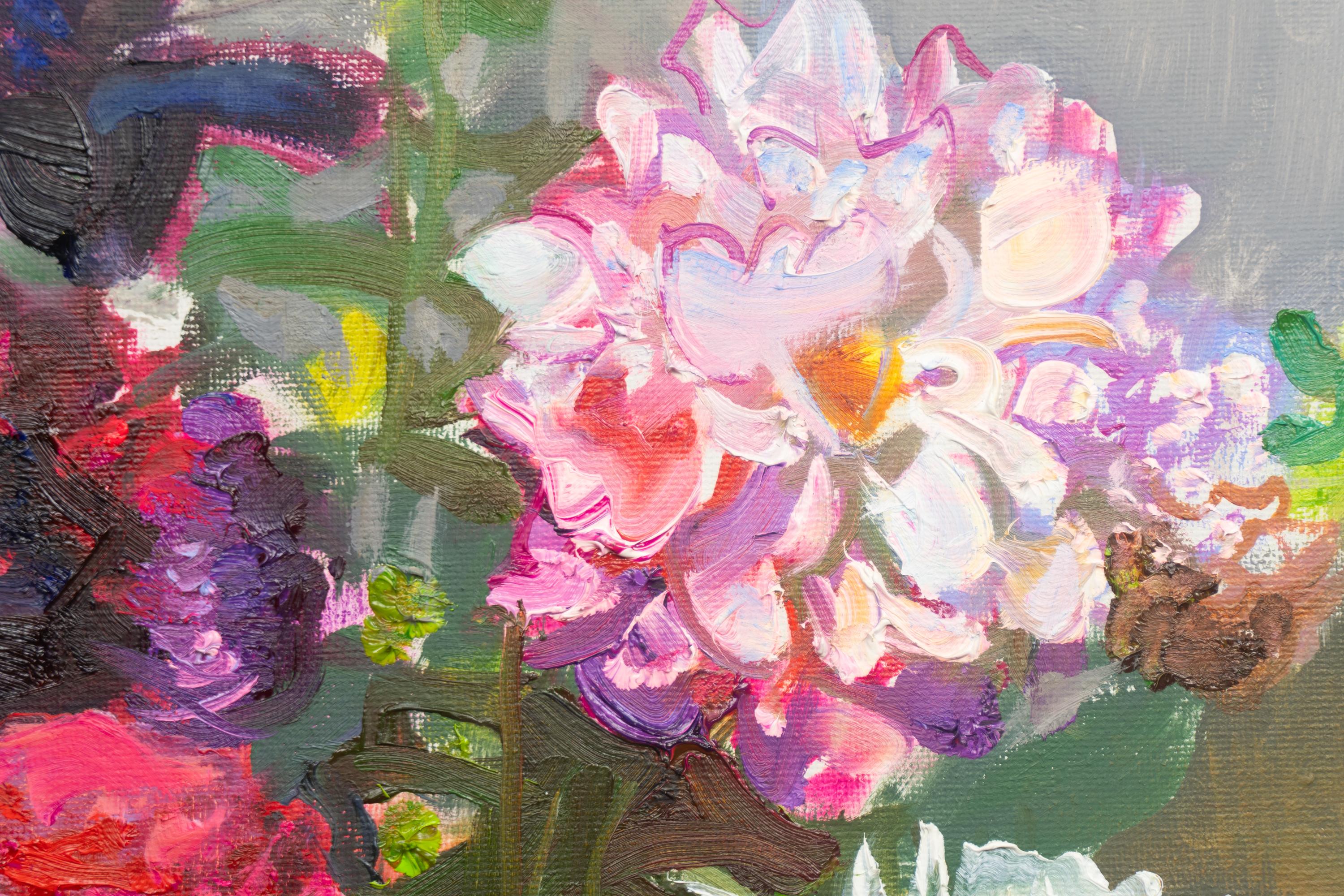Lila Dahlien (Impressionismus), Painting, von Valery Bayda 