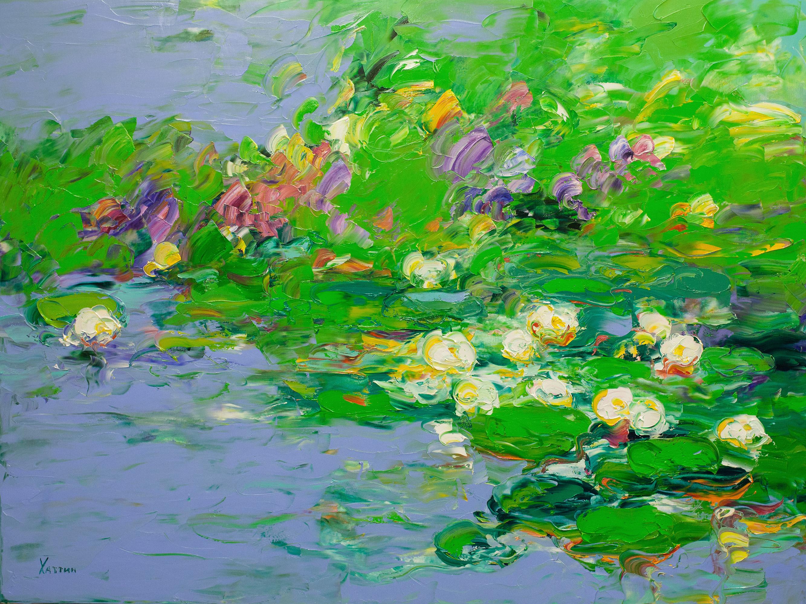 Valery Khattin Abstract Painting – Bloom on the Water-originale abstrakte florale Landschaftsmalerei-zeitgenössische Kunst