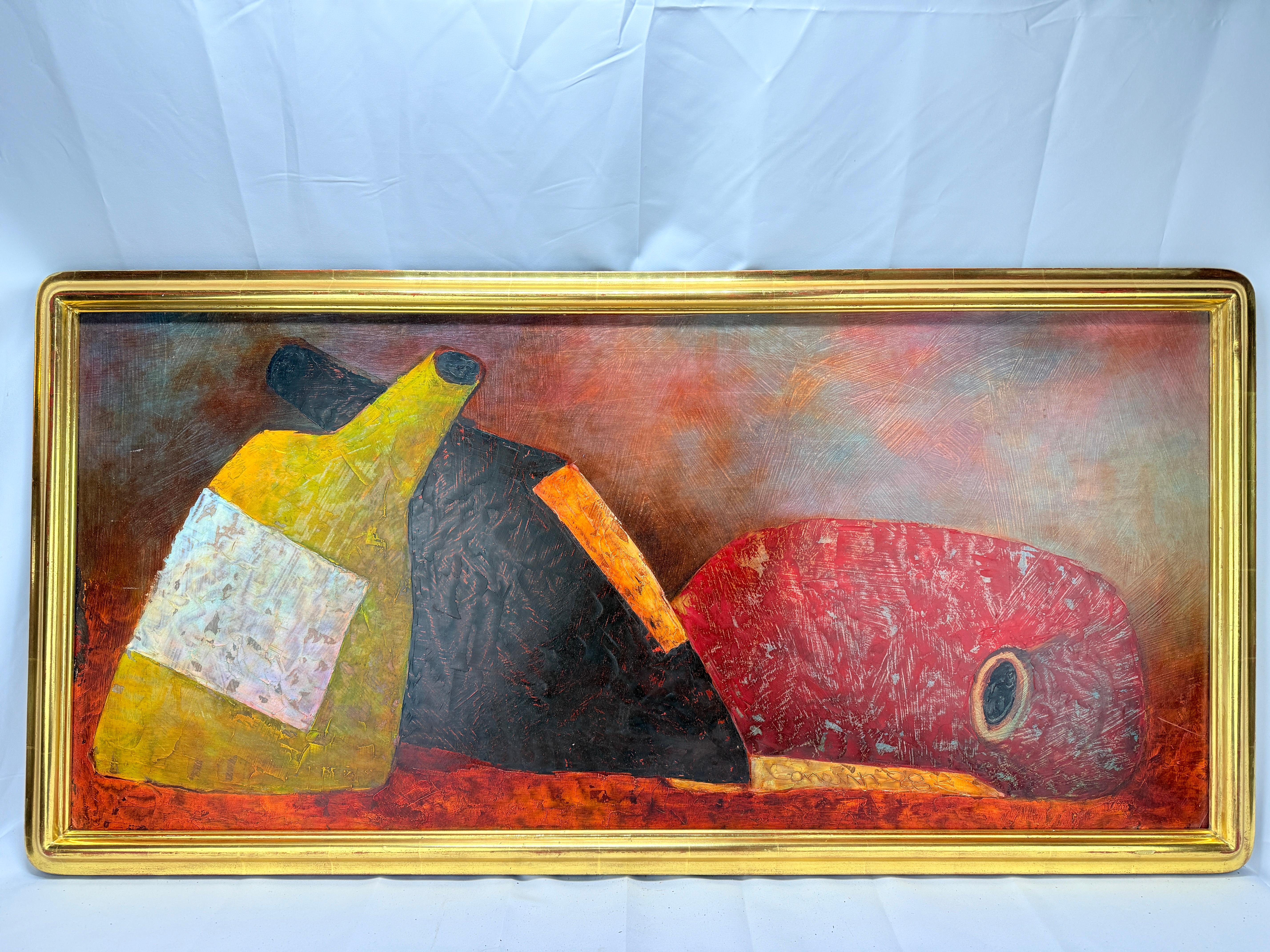 This captivating oil on board by Valery Konevin, a celebrated Russian artist born in 1952, presents a modern abstract interpretation of a traditional still life. Titled “Three Bottles,” painted in 1988 the composition features a harmonious