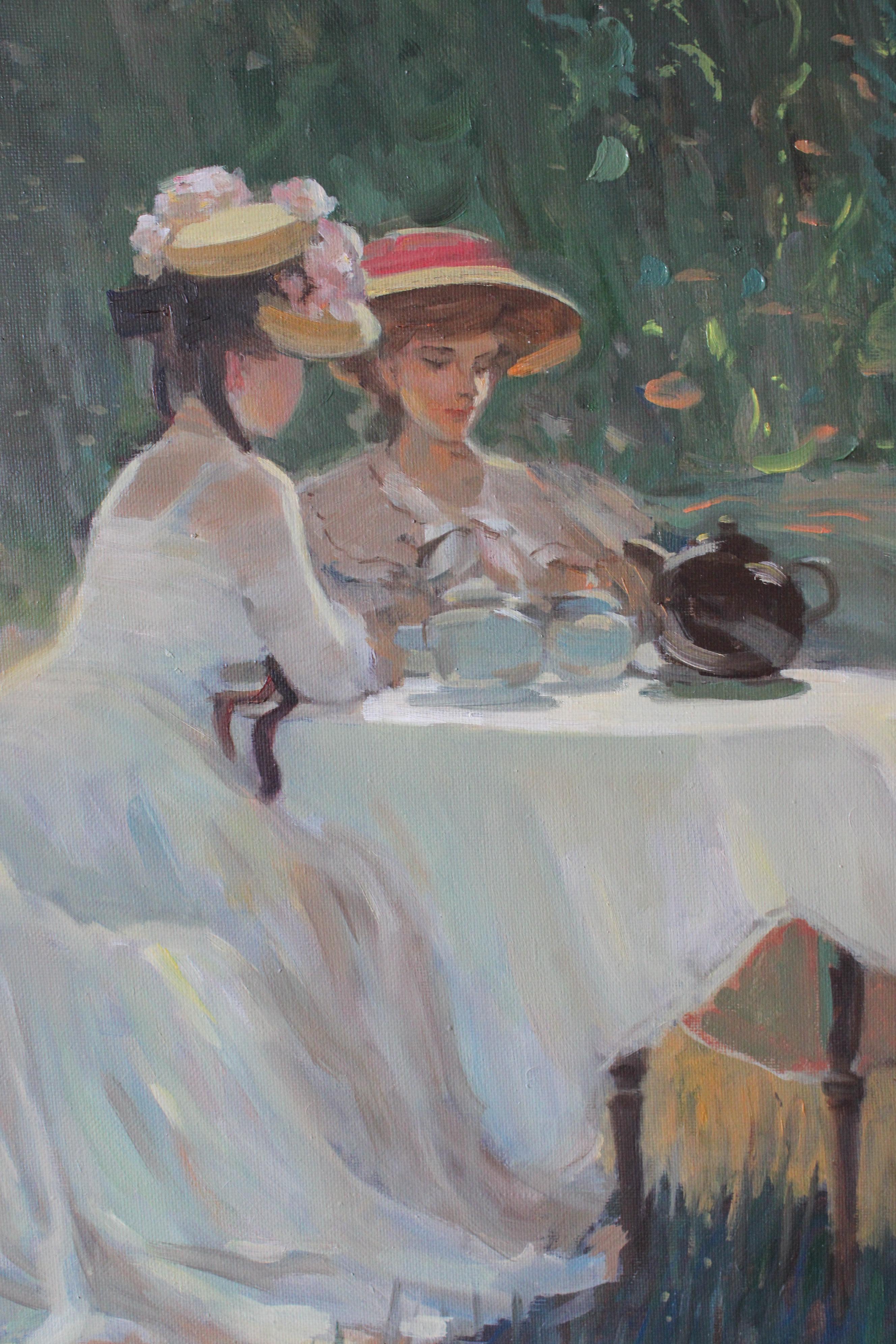Post impressionnist woman in landscape vintage female garden party oil painting - Painting de Valéry Krassouline