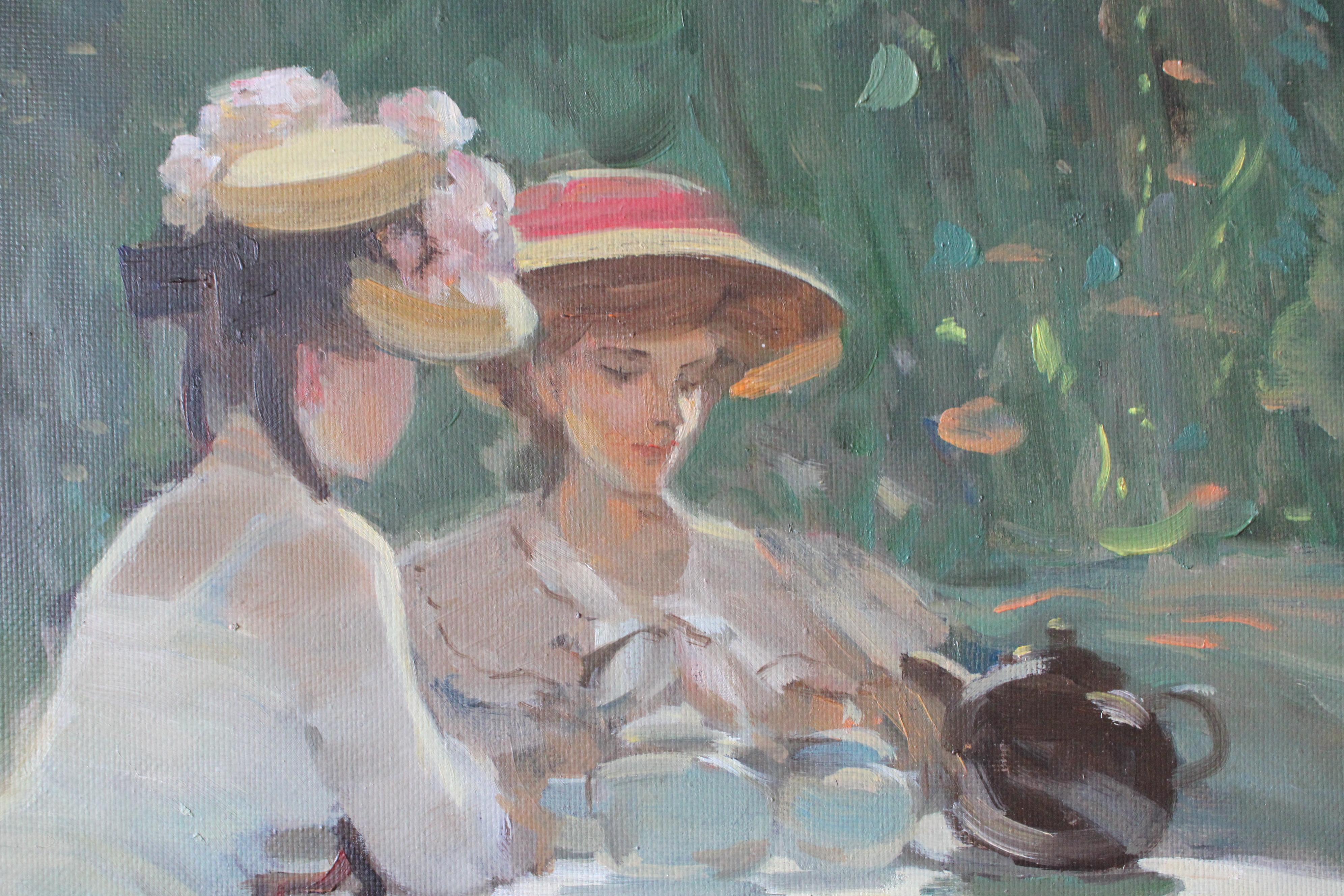 Post impressionnist woman in landscape vintage female garden party oil painting - Gris Figurative Painting par Valéry Krassouline