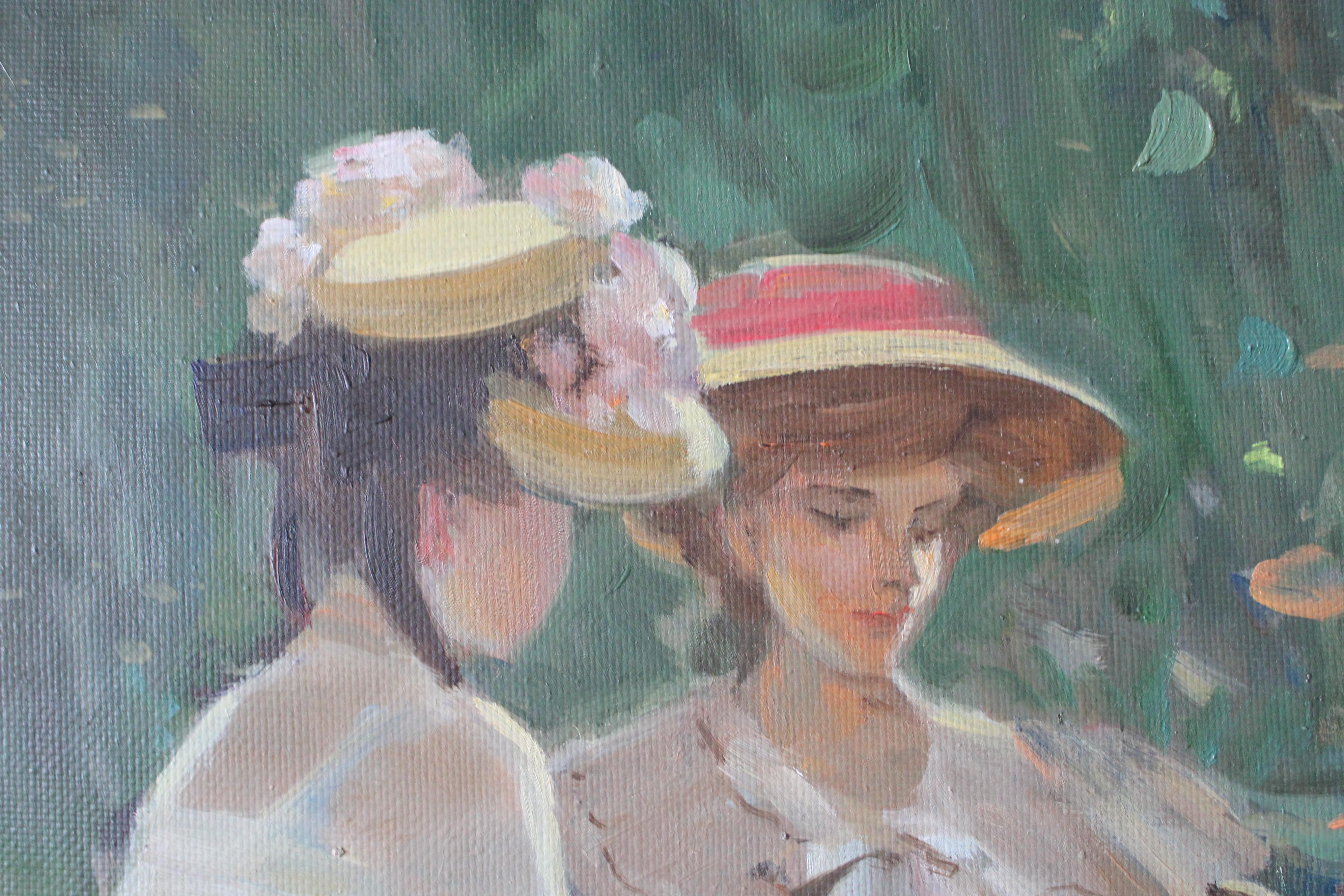 Vintage Landscape figurative oil painting, post impressionist portrait painting of two woman taking tea in the garden signed in the bottom right corner Valery Krassouline (Russian/French).  Deux femmes, habillées pour l'occasion, sont assises à une
