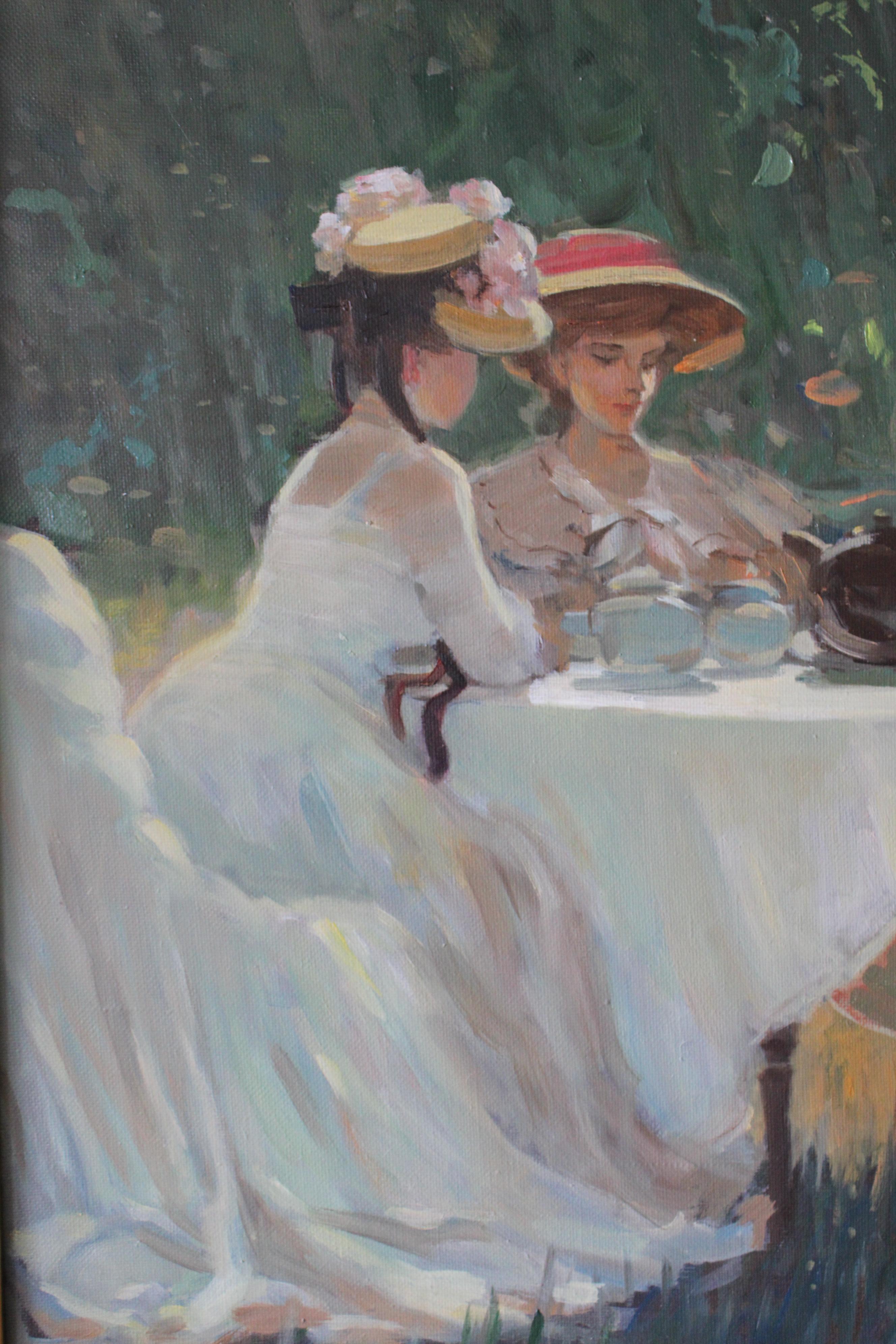 Post impressionnist woman in landscape vintage female garden party oil painting en vente 1