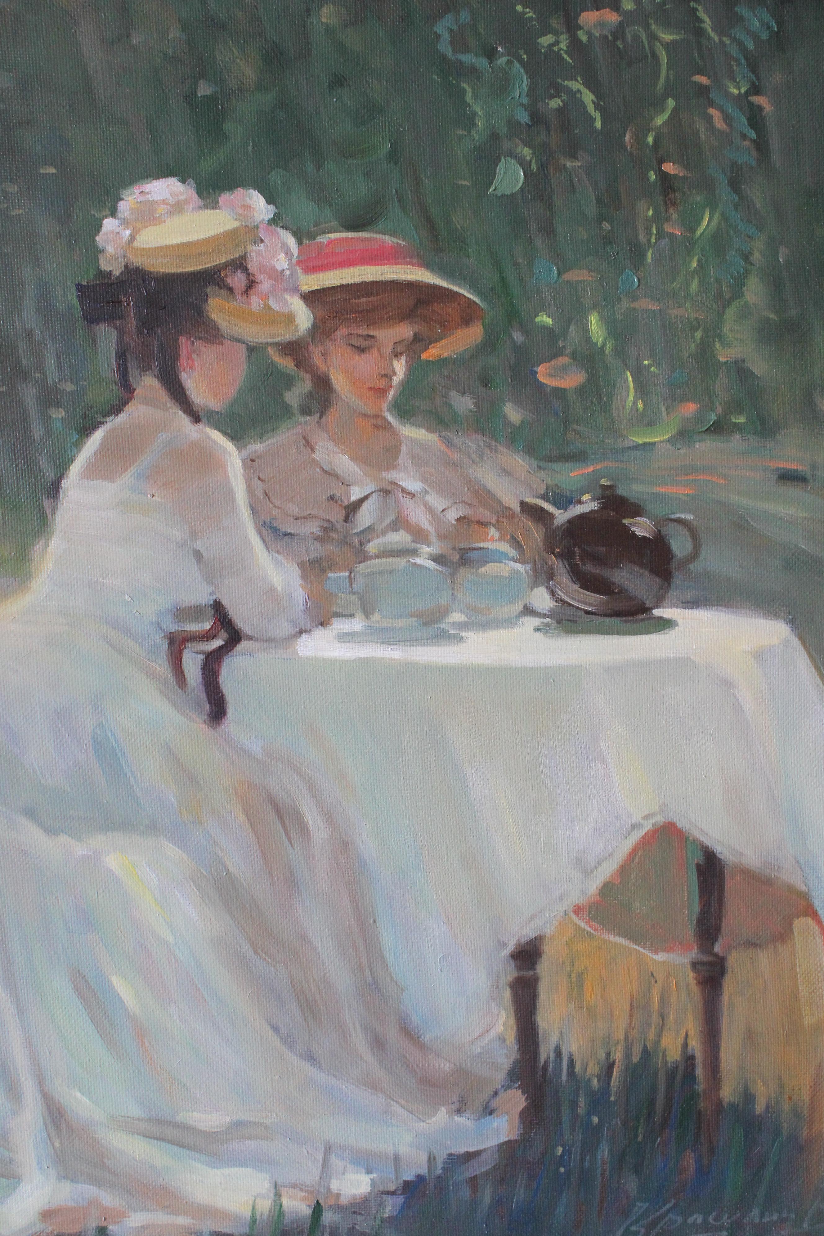 Post impressionnist woman in landscape vintage female garden party oil painting en vente 2