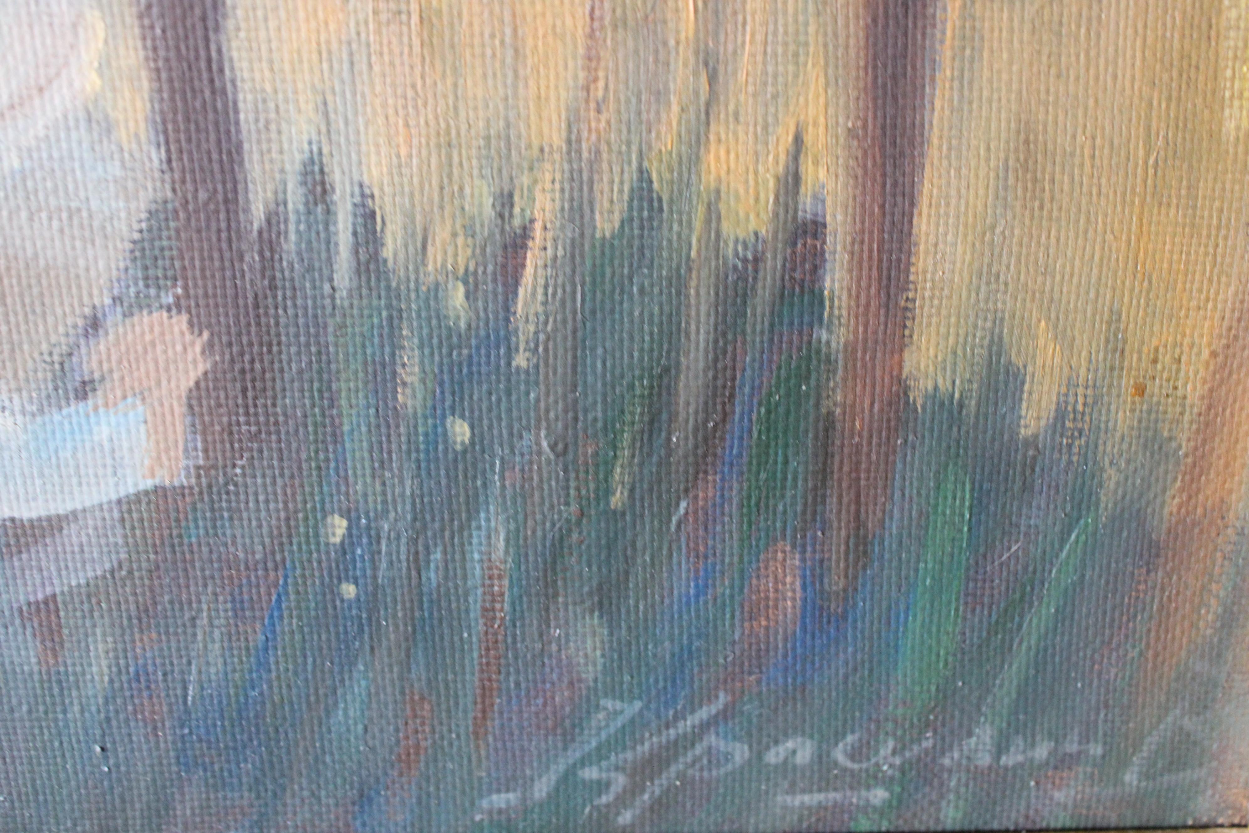 Post impressionnist woman in landscape vintage female garden party oil painting en vente 3