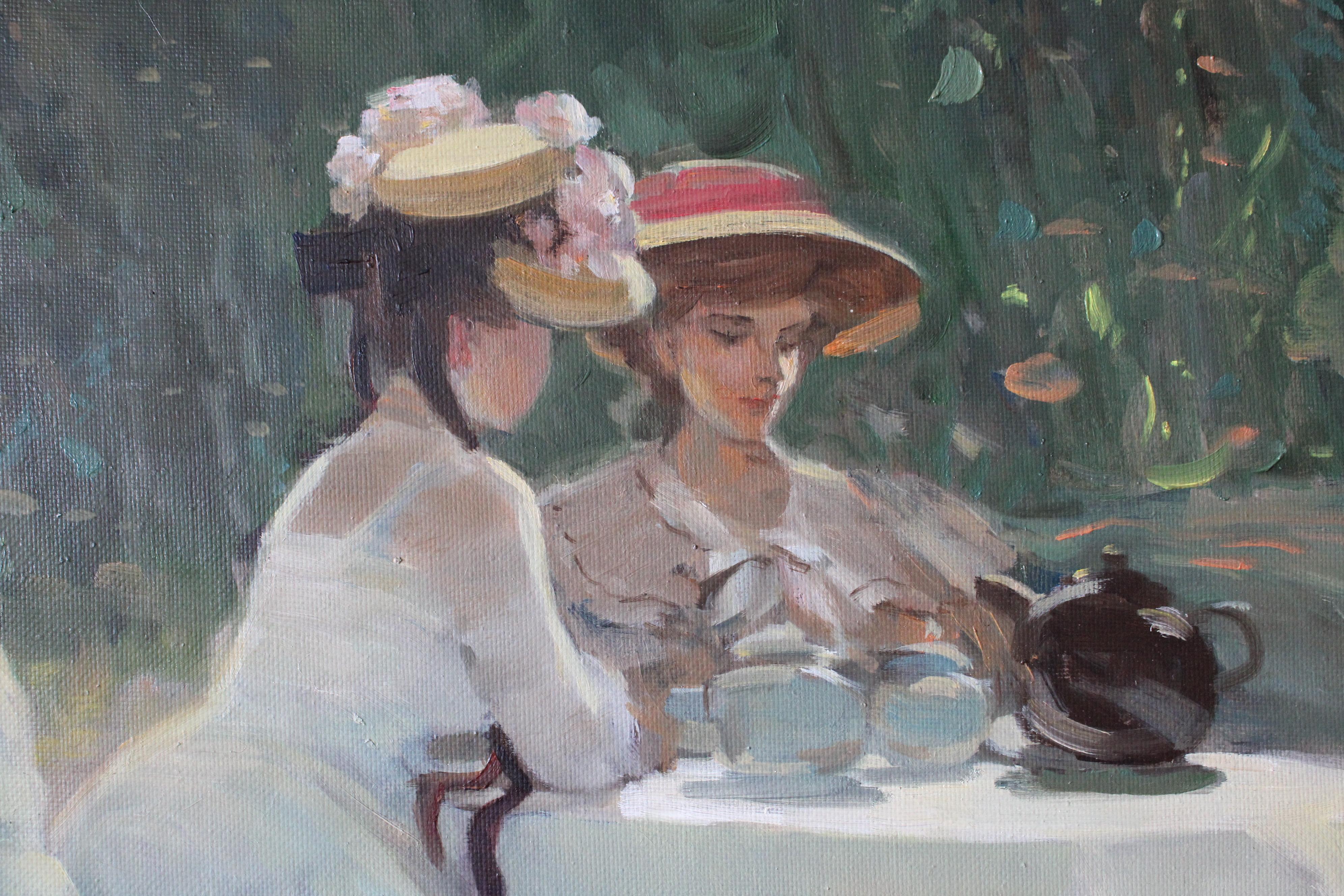 Post impressionnist woman in landscape vintage female garden party oil painting en vente 4
