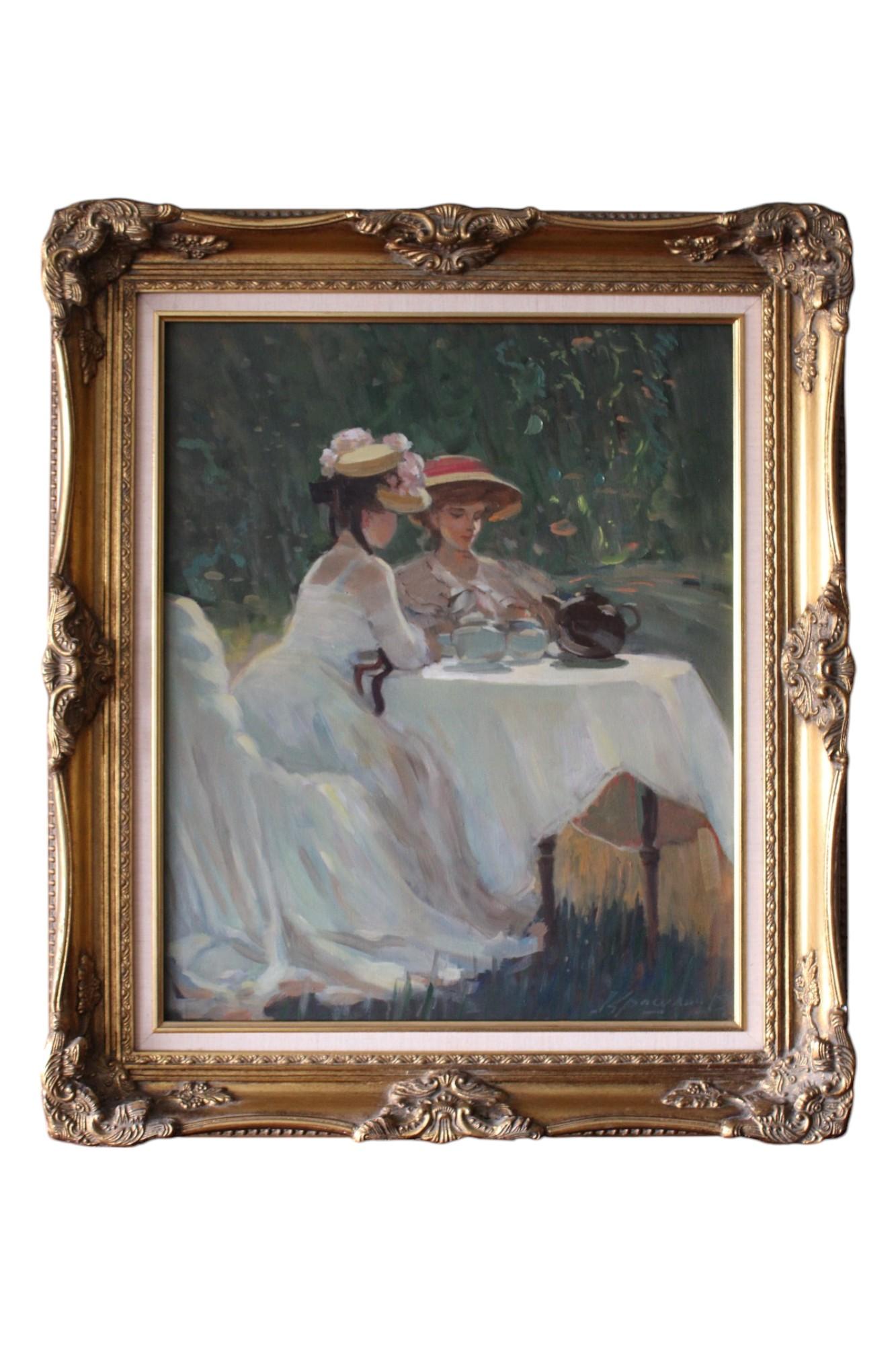 Figurative Painting Valéry Krassouline - Post impressionnist woman in landscape vintage female garden party oil painting