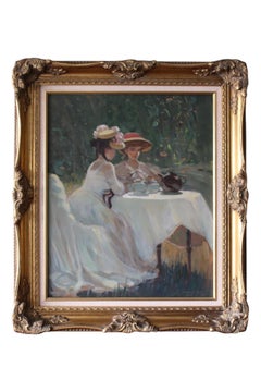 Post impresionista mujer en paisaje vintage mujer jardín fiesta pintura al óleo