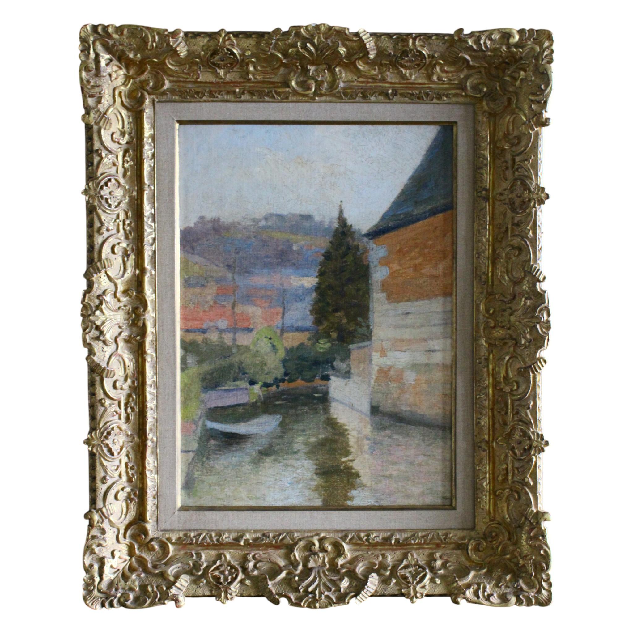Valery Muller Landscape Painting - Landscape Oil Painting, Antique French Impressionist Countryside, Riverscape