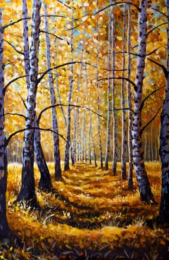Peinture, acrylique sur toile, route ensoleillée dans une forêt de bouleaux
