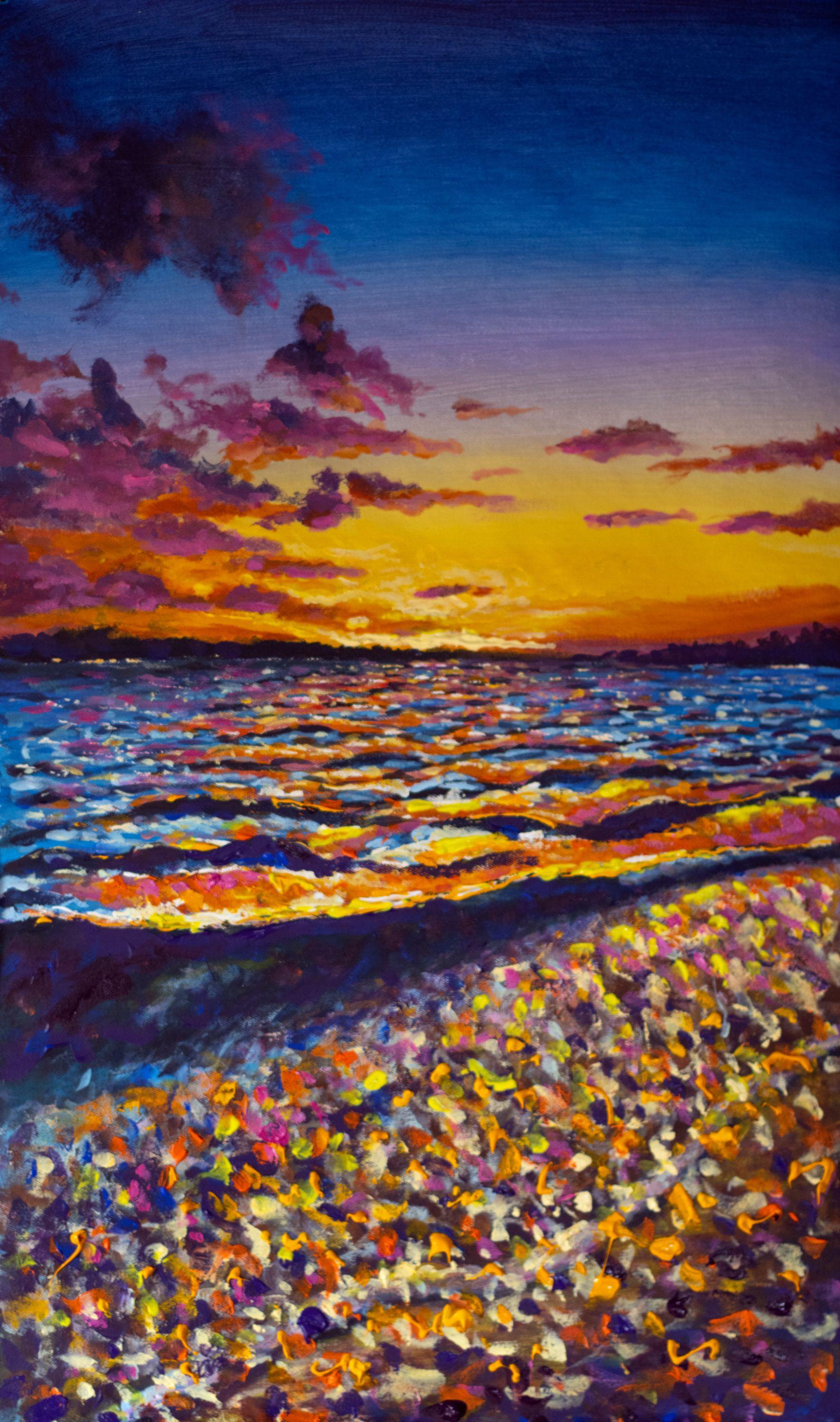 Tableau de coucher de soleil au-dessus de l'océan, peinture, acrylique sur toile - Painting de Valery Rybakou