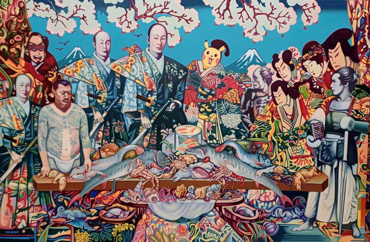 Figurative Painting di Valery Tatar - "Cena segreta nelle Isole Curili, alla ricerca della pittura dei Pokemon".