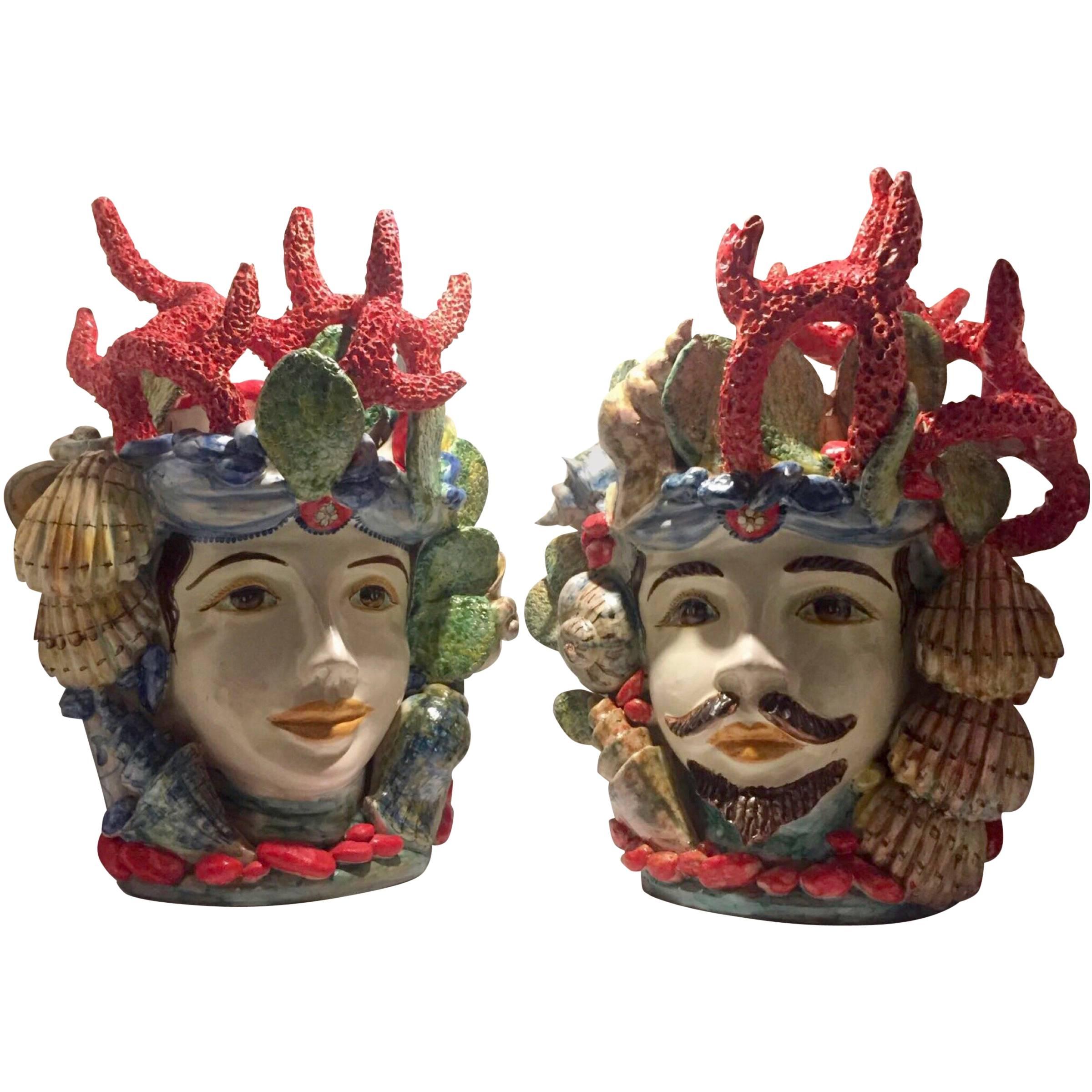 Valet Moro Woman and Man Ceramic Sicilian Heads