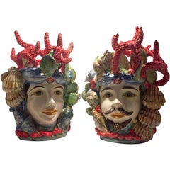 Used Valet Moro Woman and Man Ceramic Sicilian Heads