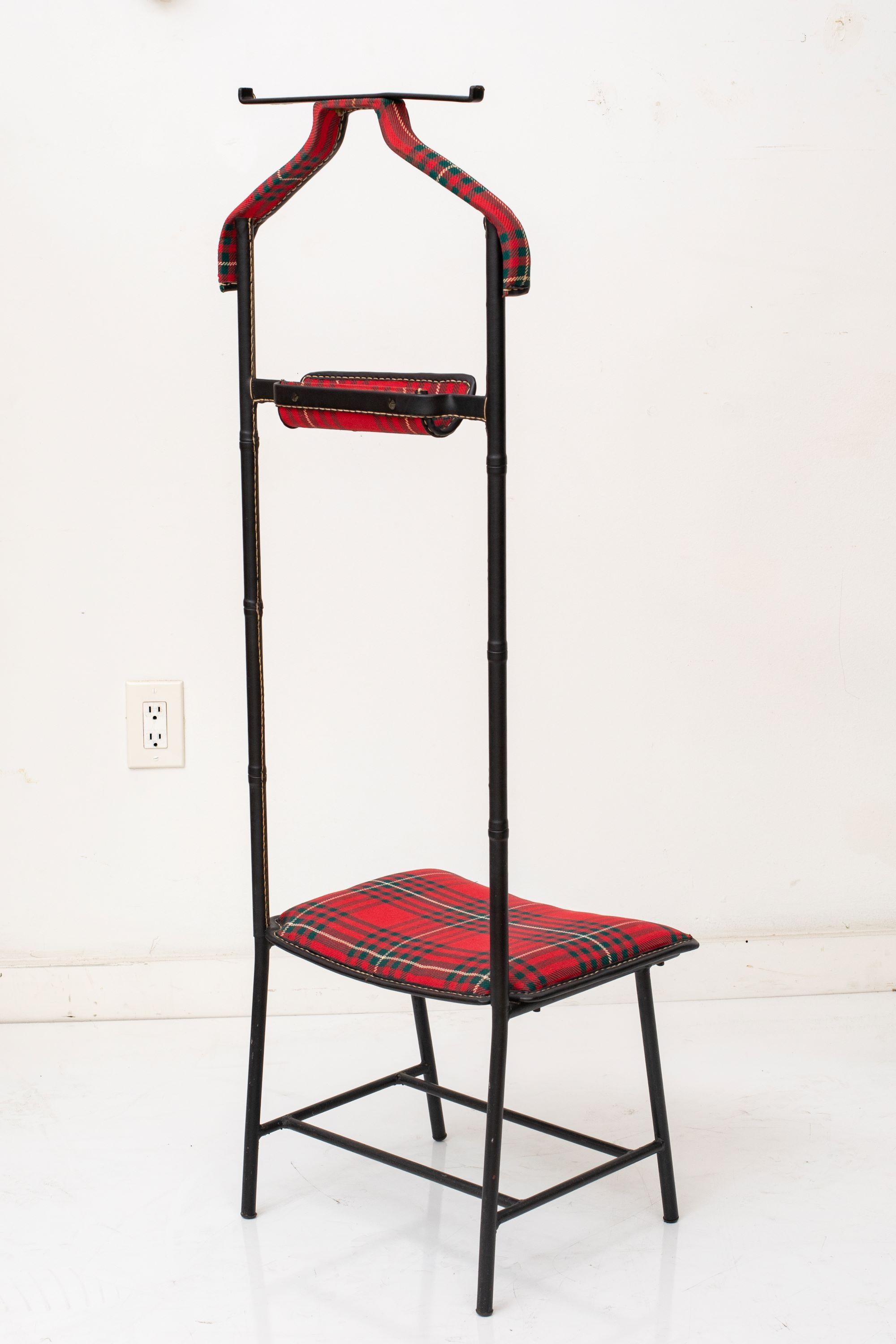 Mid-Century Modern Valet with Seat Black Stitched Leather and Tartan Upholstery, Jacques Adnet For Sale