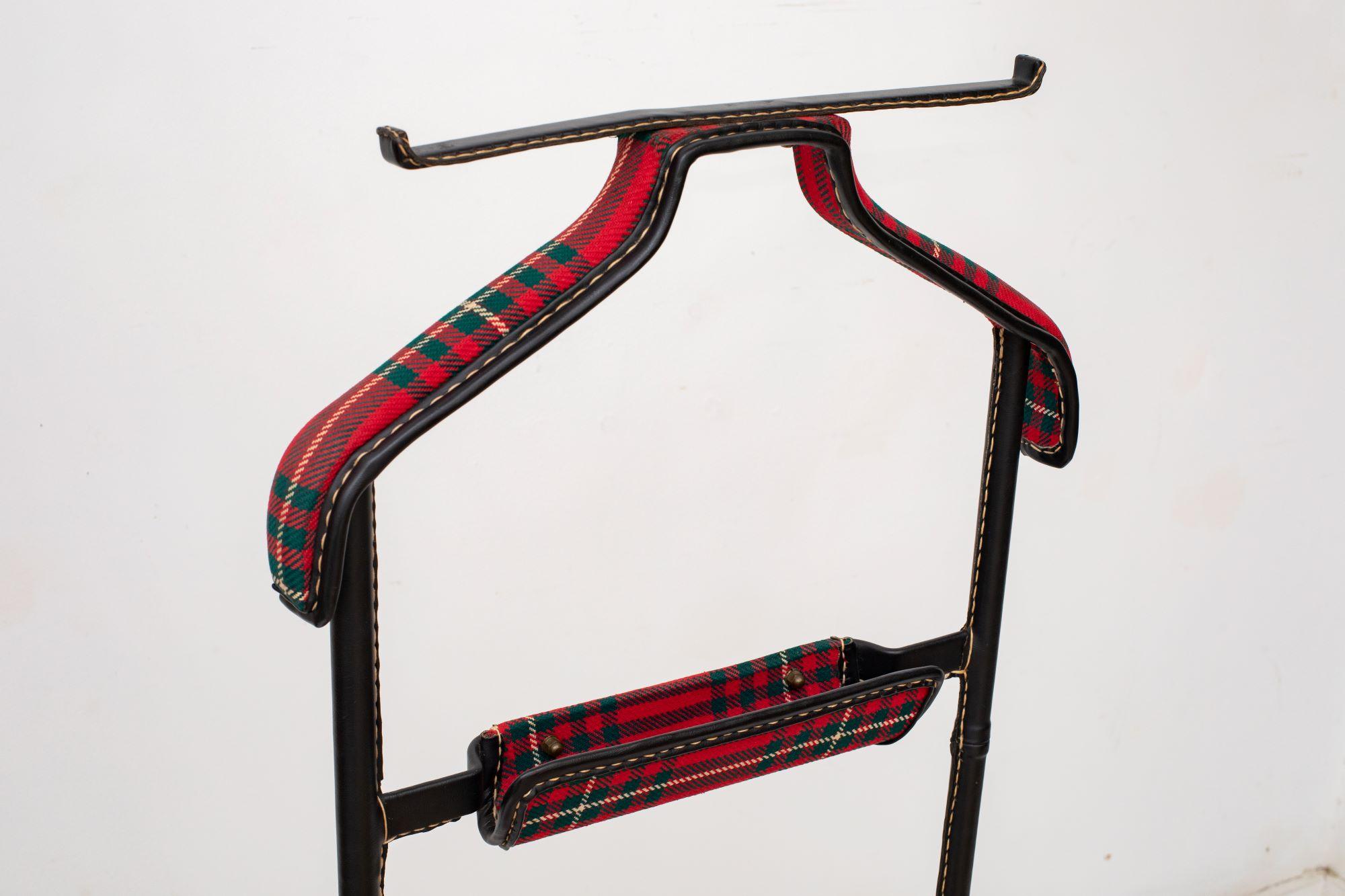French Valet with Seat Black Stitched Leather and Tartan Upholstery, Jacques Adnet For Sale