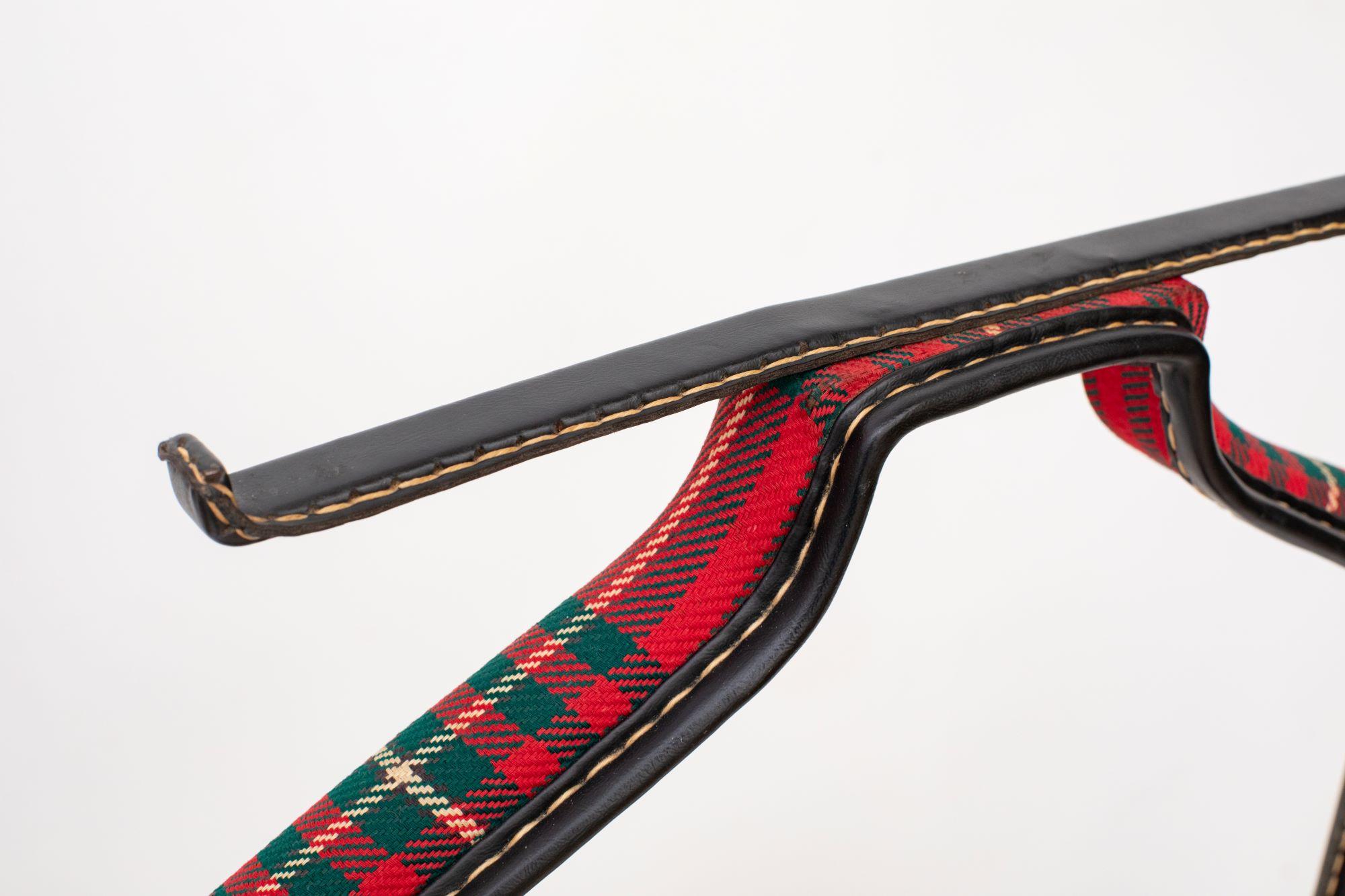 Hand-Crafted Valet with Seat Black Stitched Leather and Tartan Upholstery, Jacques Adnet For Sale