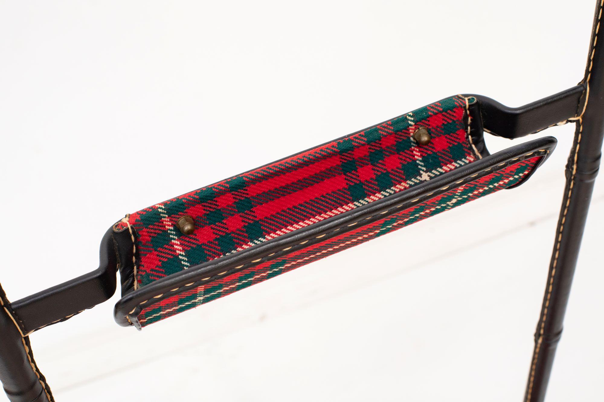 Valet with Seat Black Stitched Leather and Tartan Upholstery, Jacques Adnet In Excellent Condition For Sale In Miami, FL