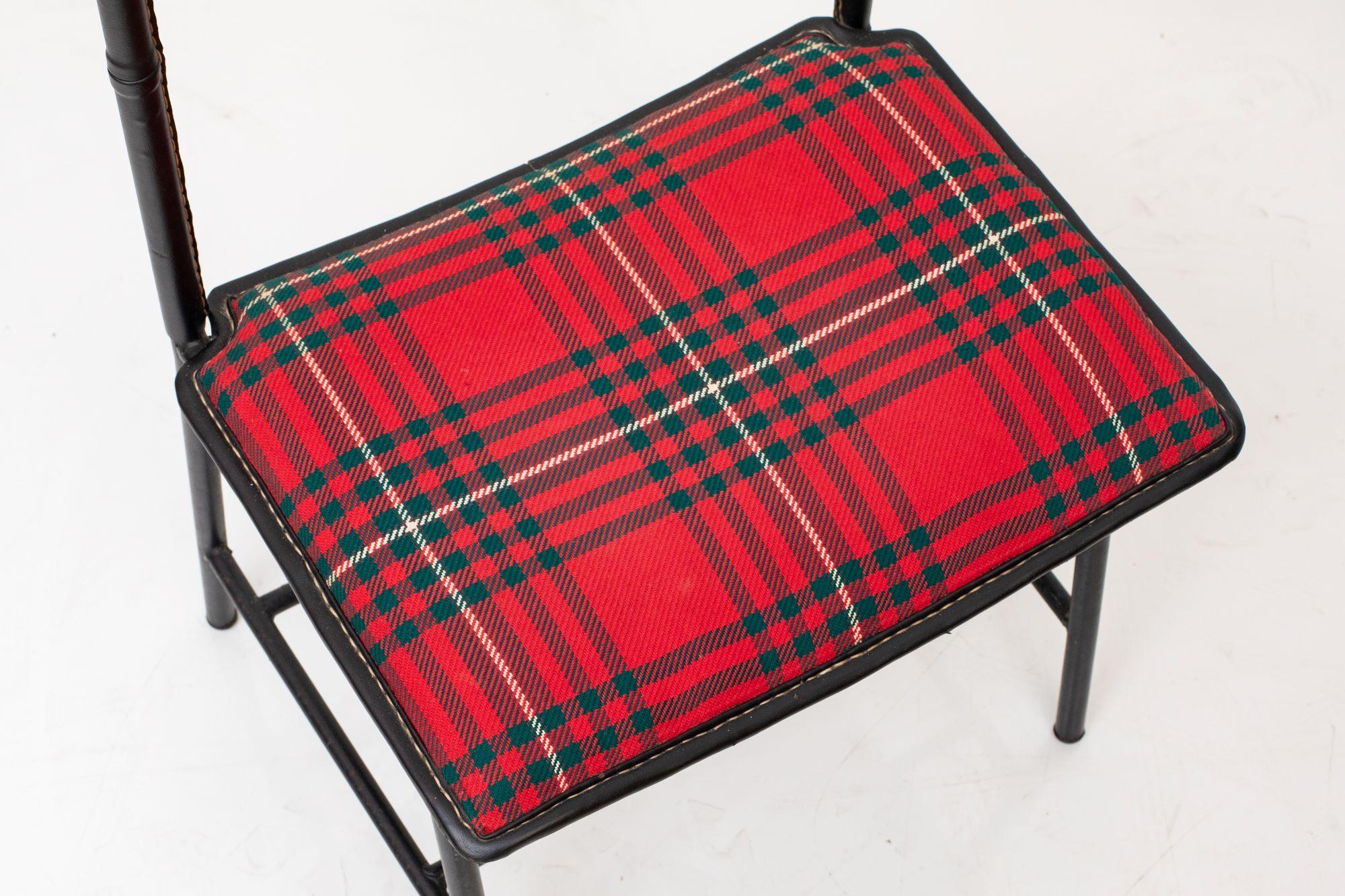 Metal Valet with Seat Black Stitched Leather and Tartan Upholstery, Jacques Adnet For Sale