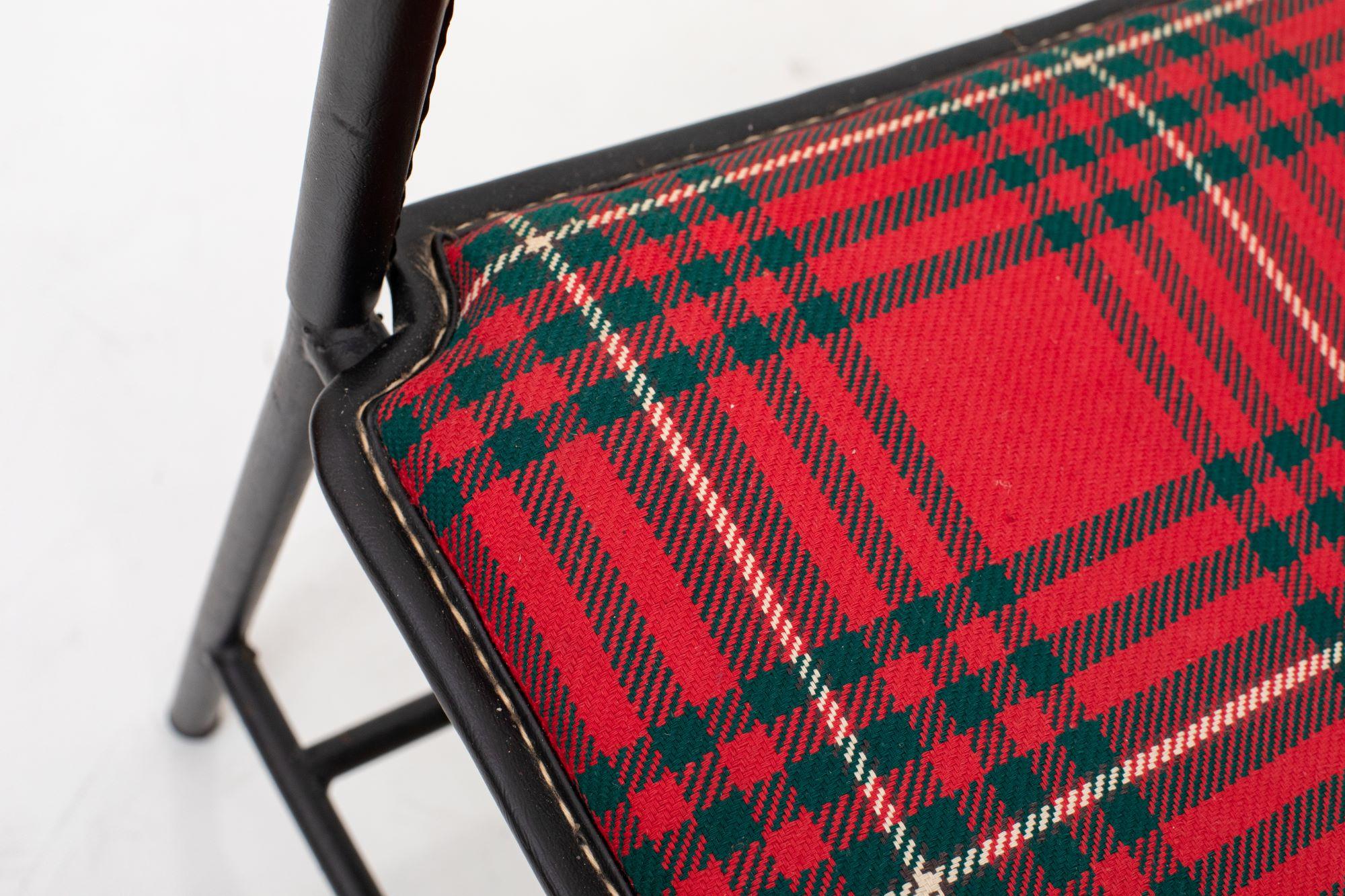 Valet with Seat Black Stitched Leather and Tartan Upholstery, Jacques Adnet For Sale 1