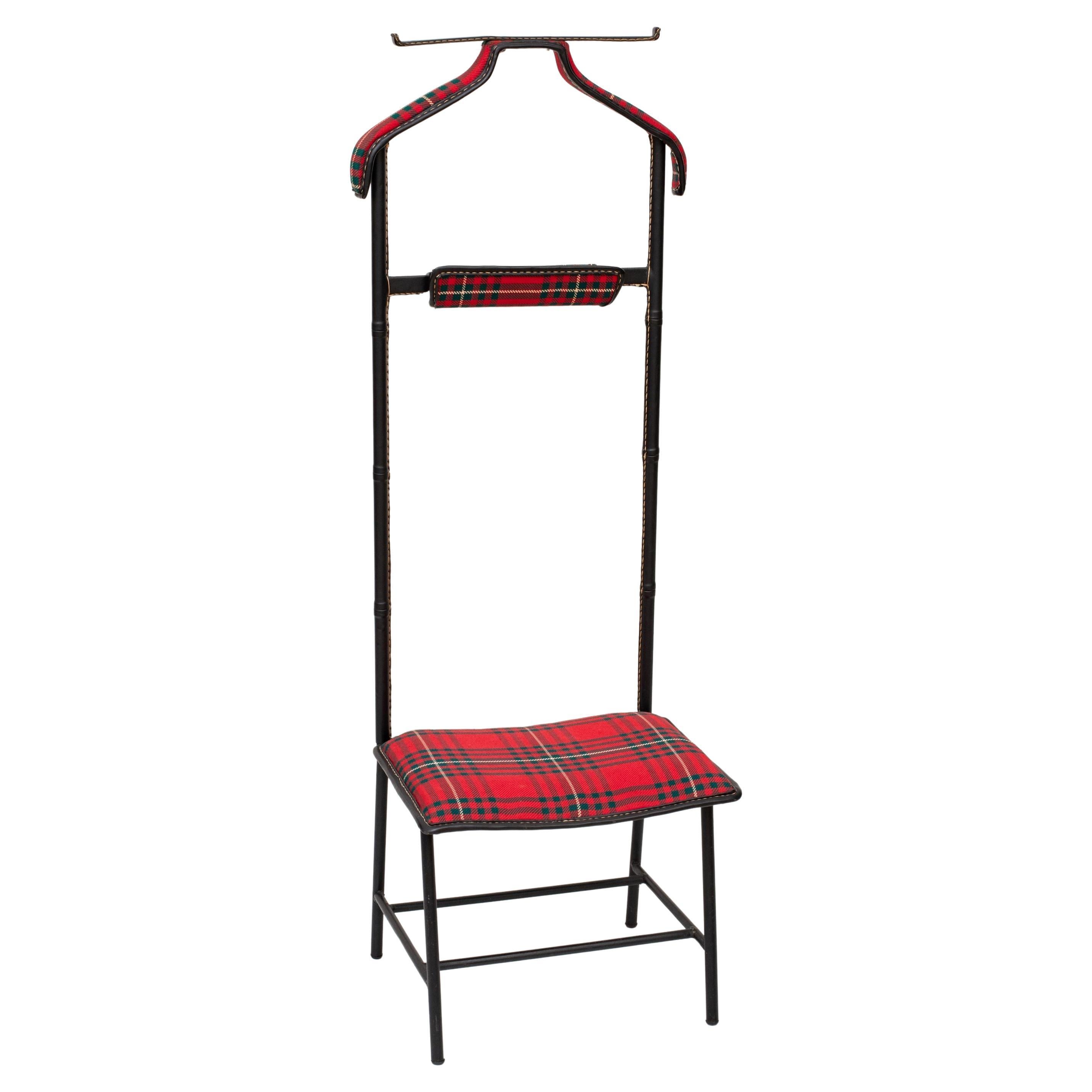 Valet with Seat Black Stitched Leather and Tartan Upholstery, Jacques Adnet For Sale