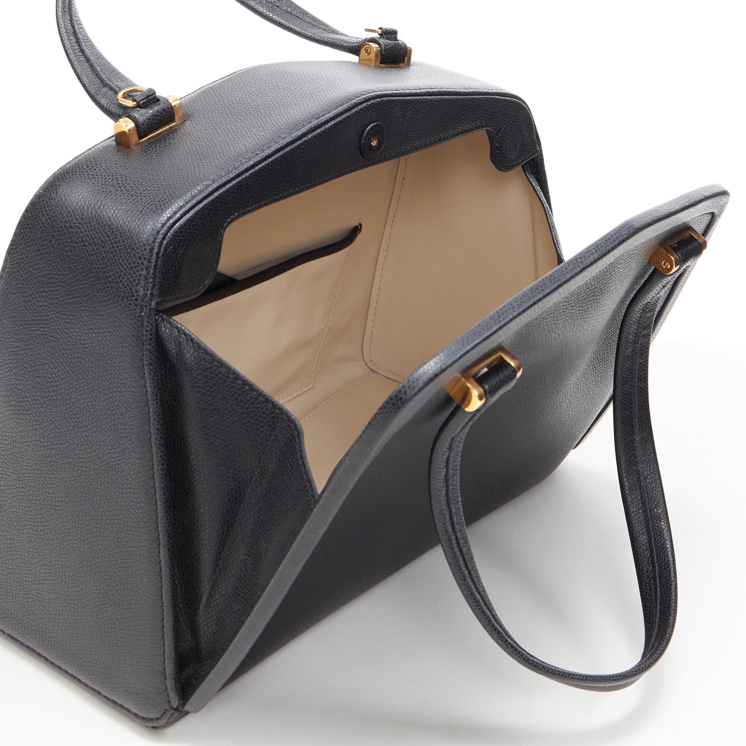 VALEXTRA black leather dual front pocket gold tone top handle shoulder bag In Good Condition In Hong Kong, NT