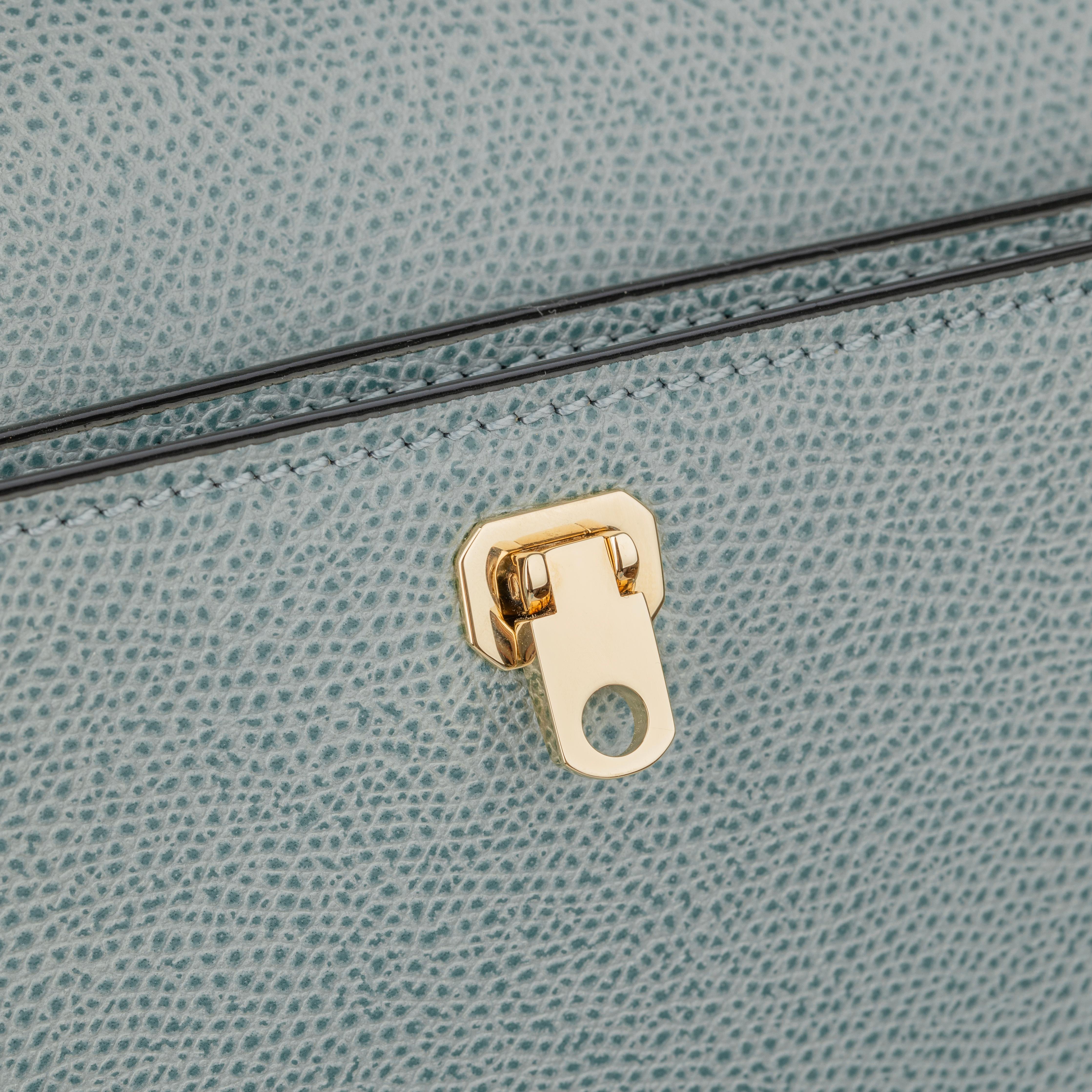 Valextra Brera Smokey Blue Grained Leather Medium Top Handle with Gold Tone Hard For Sale 5