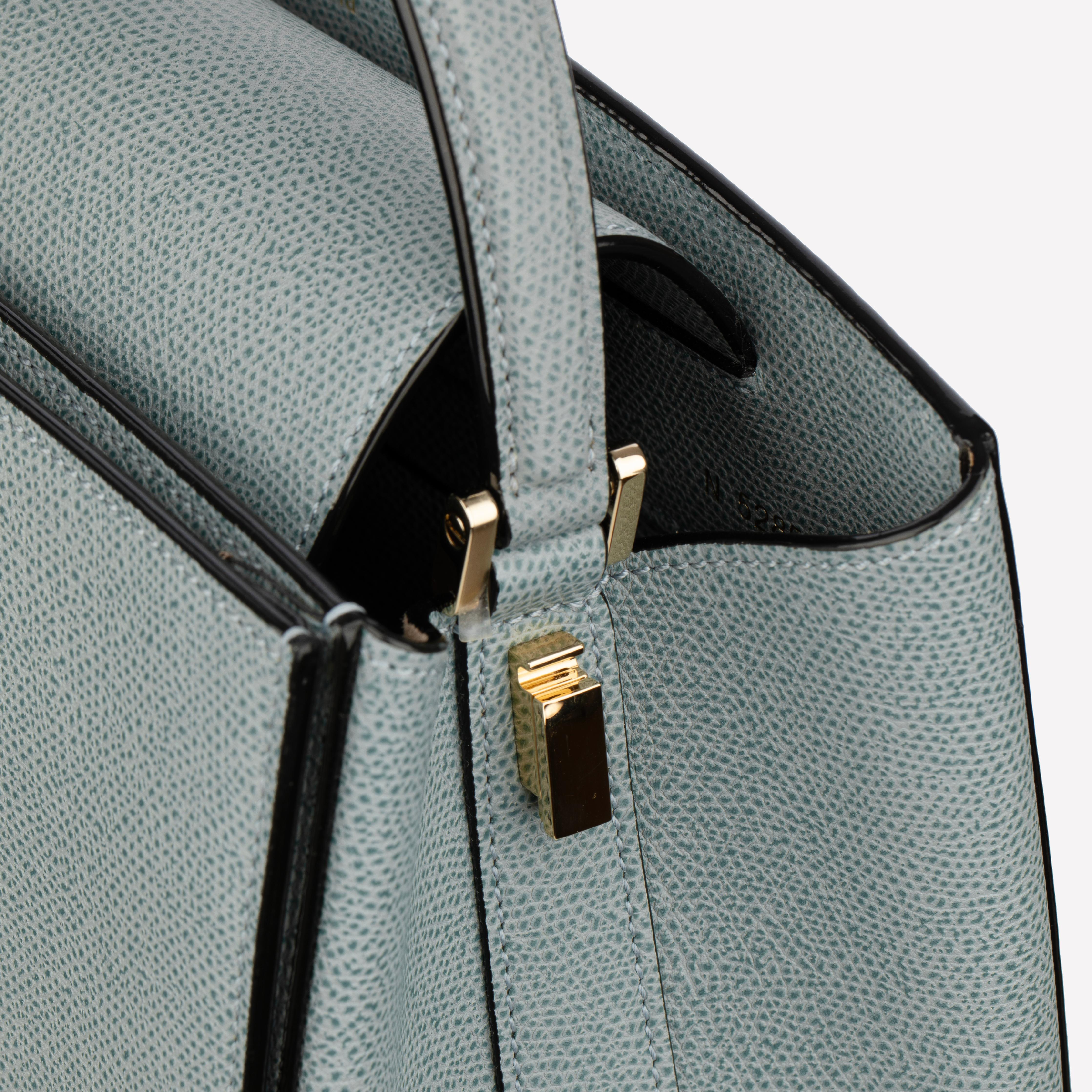 Valextra Brera Smokey Blue Grained Leather Medium Top Handle with Gold Tone Hard For Sale 7