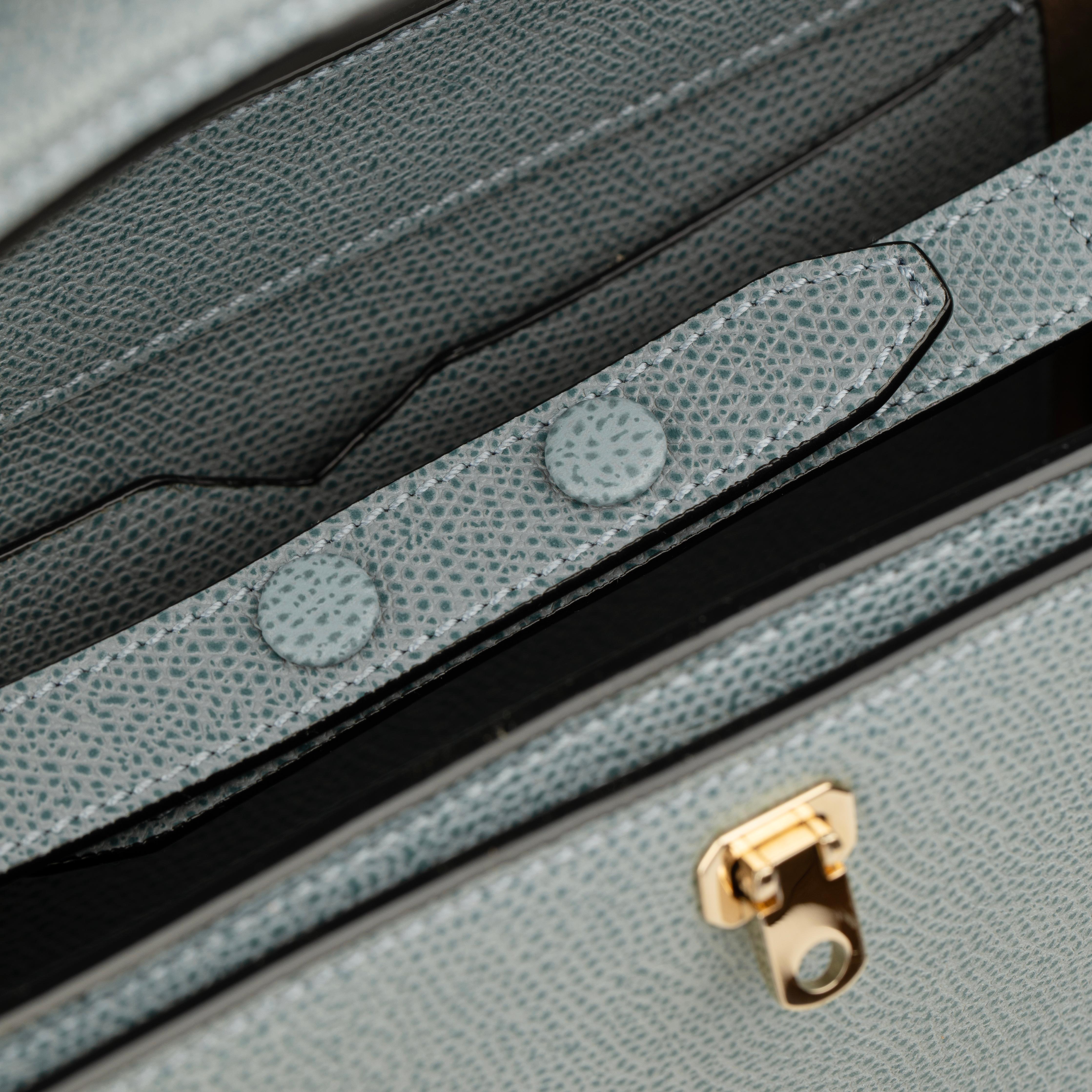 Valextra Brera Smokey Blue Grained Leather Medium Top Handle with Gold Tone Hard For Sale 8