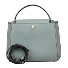 Valextra Brera Bleu fumé Cuir Grainé Medium Top Handle with Gold Tone Hard