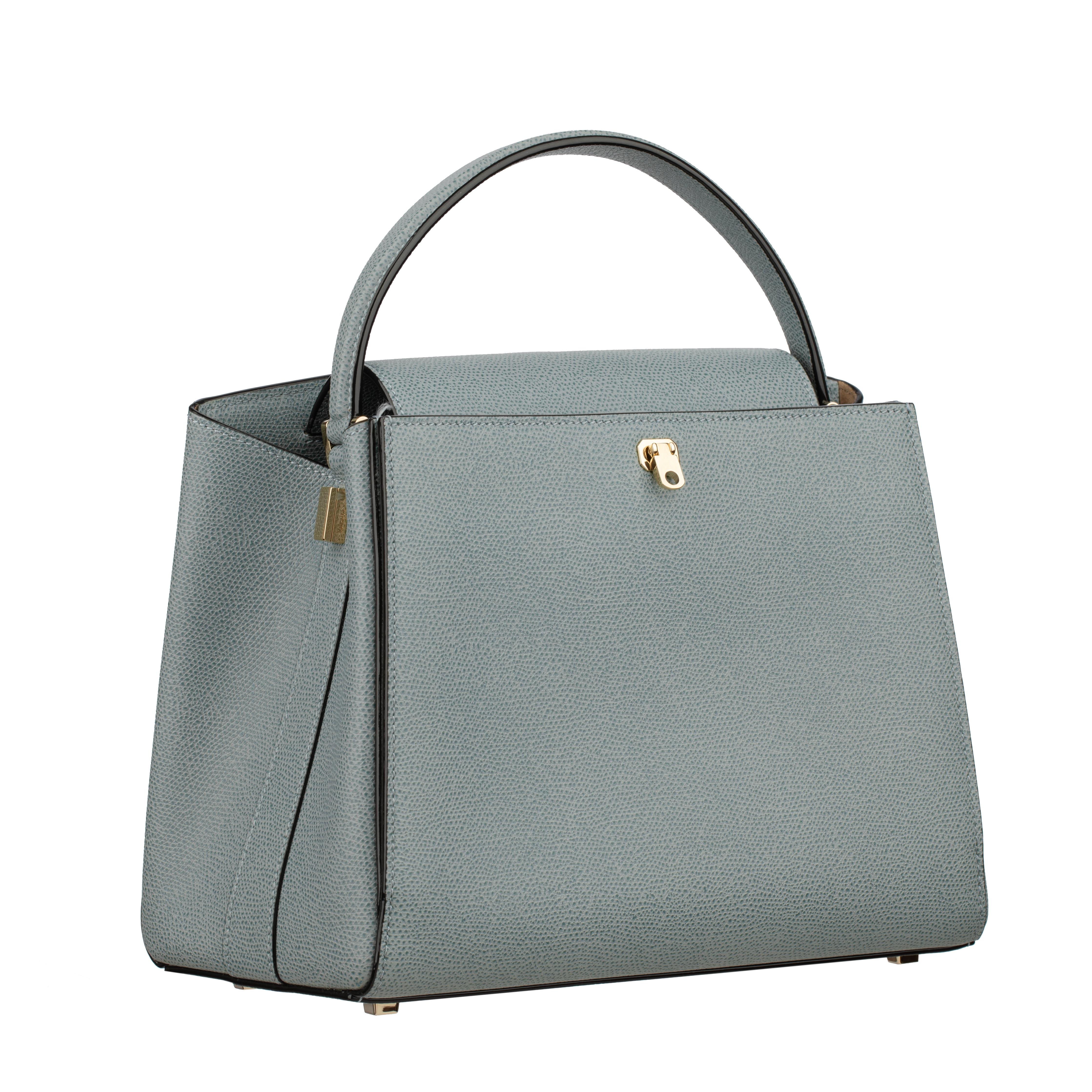 Gray Valextra Brera Smokey Blue Grained Leather Medium Top Handle with Gold Tone Hard For Sale