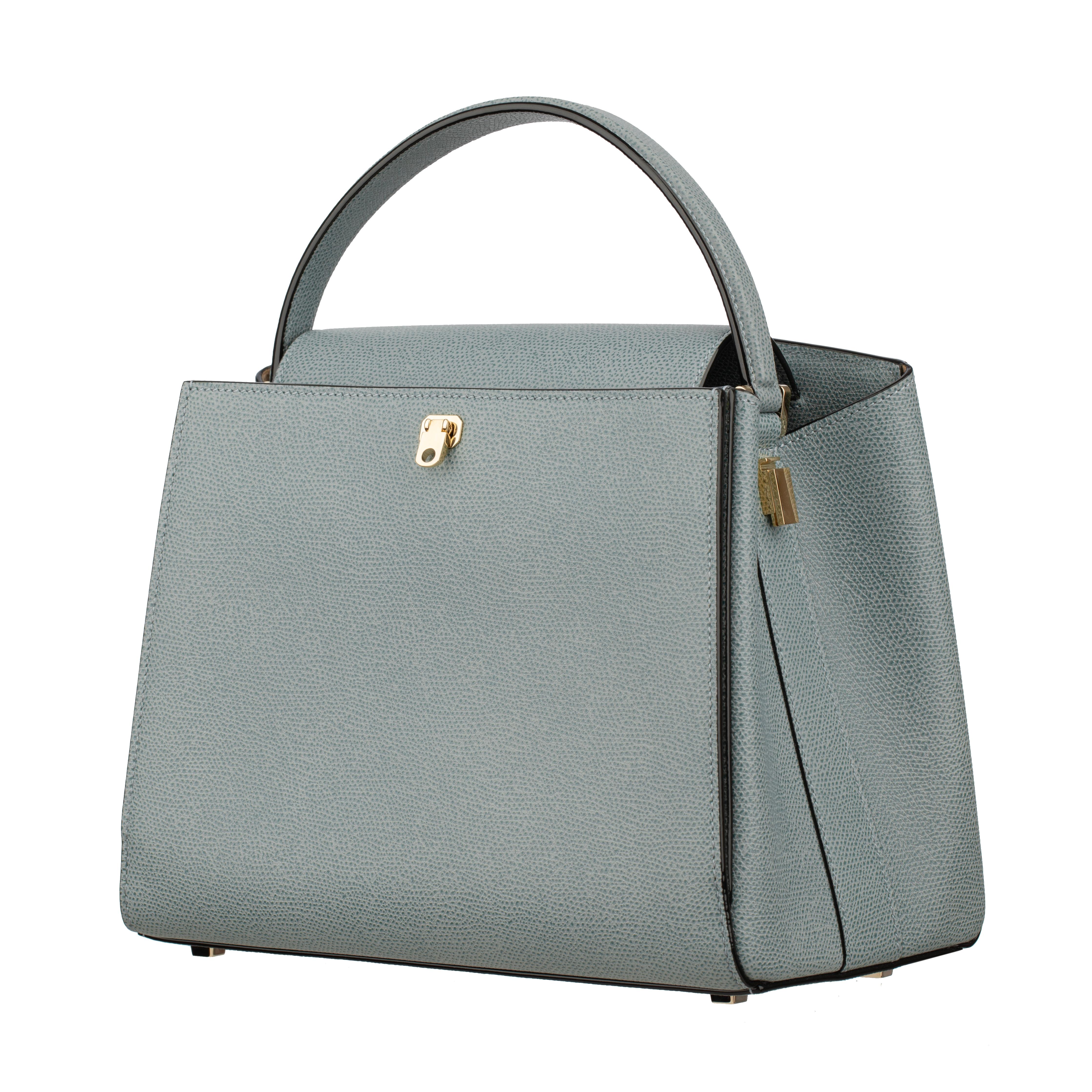 Valextra Brera Smokey Blue Grained Leather Medium Top Handle with Gold Tone Hard In Excellent Condition For Sale In Sydney, New South Wales