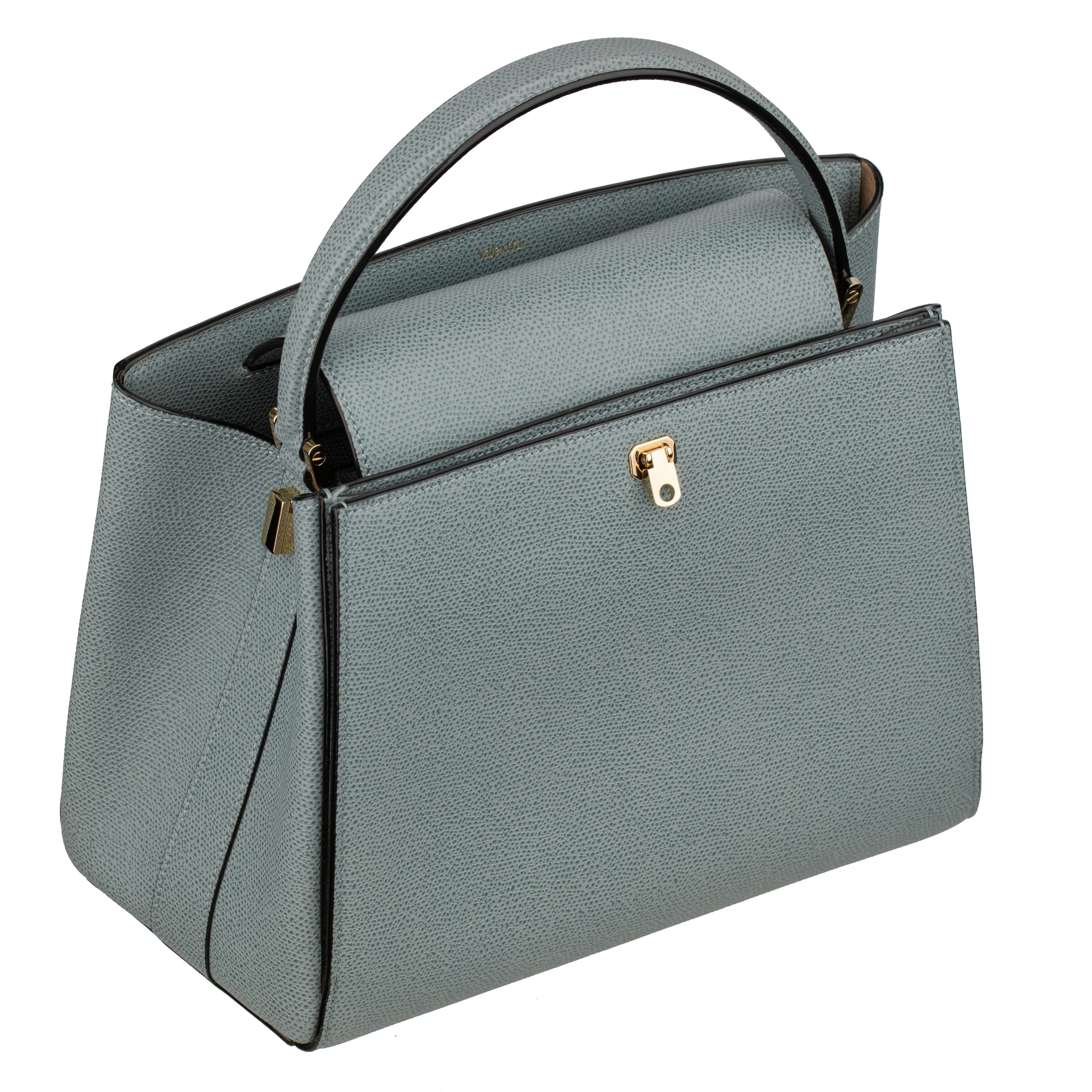 Women's or Men's Valextra Brera Smokey Blue Grained Leather Medium Top Handle with Gold Tone Hard For Sale