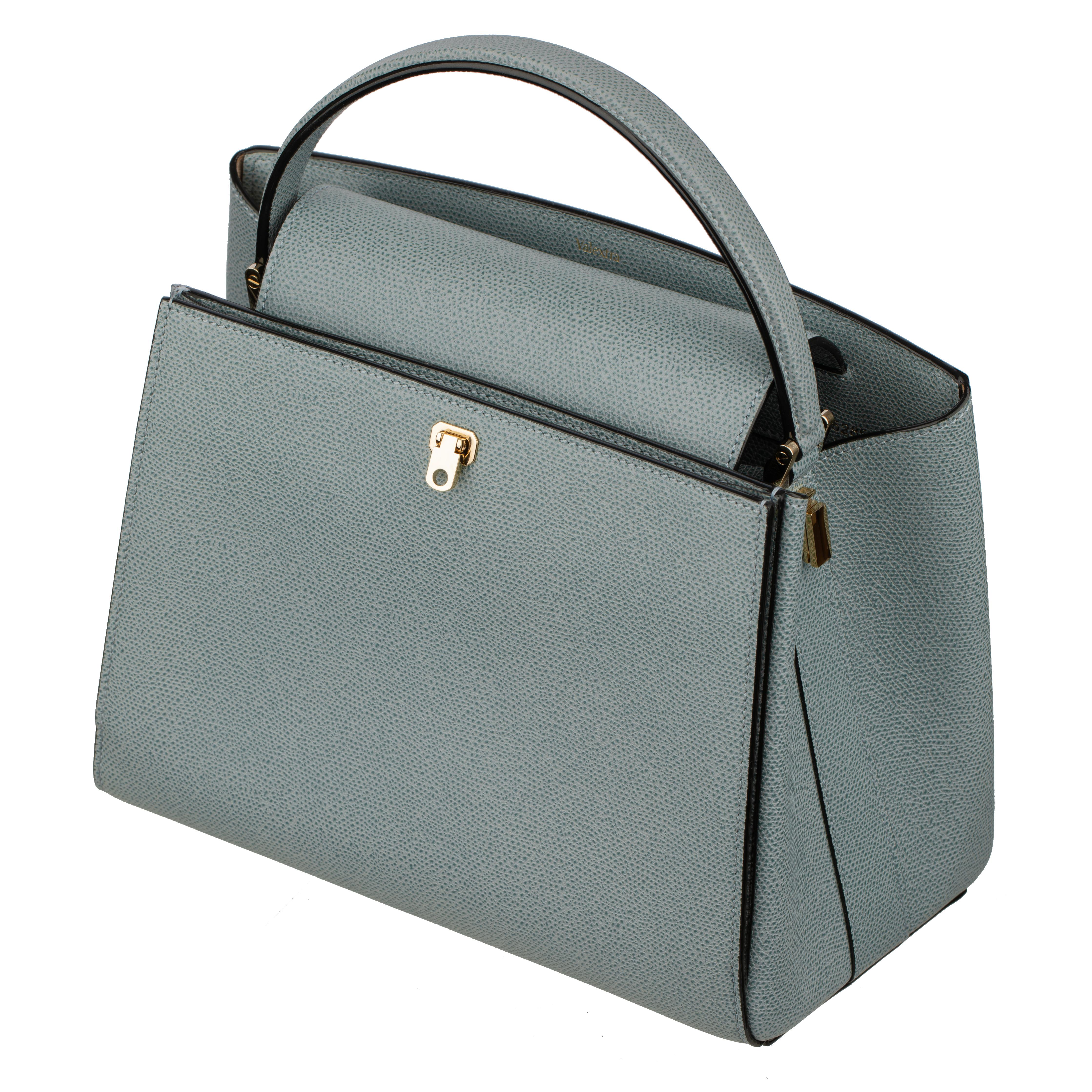 Valextra Brera Smokey Blue Grained Leather Medium Top Handle with Gold Tone Hard For Sale 1