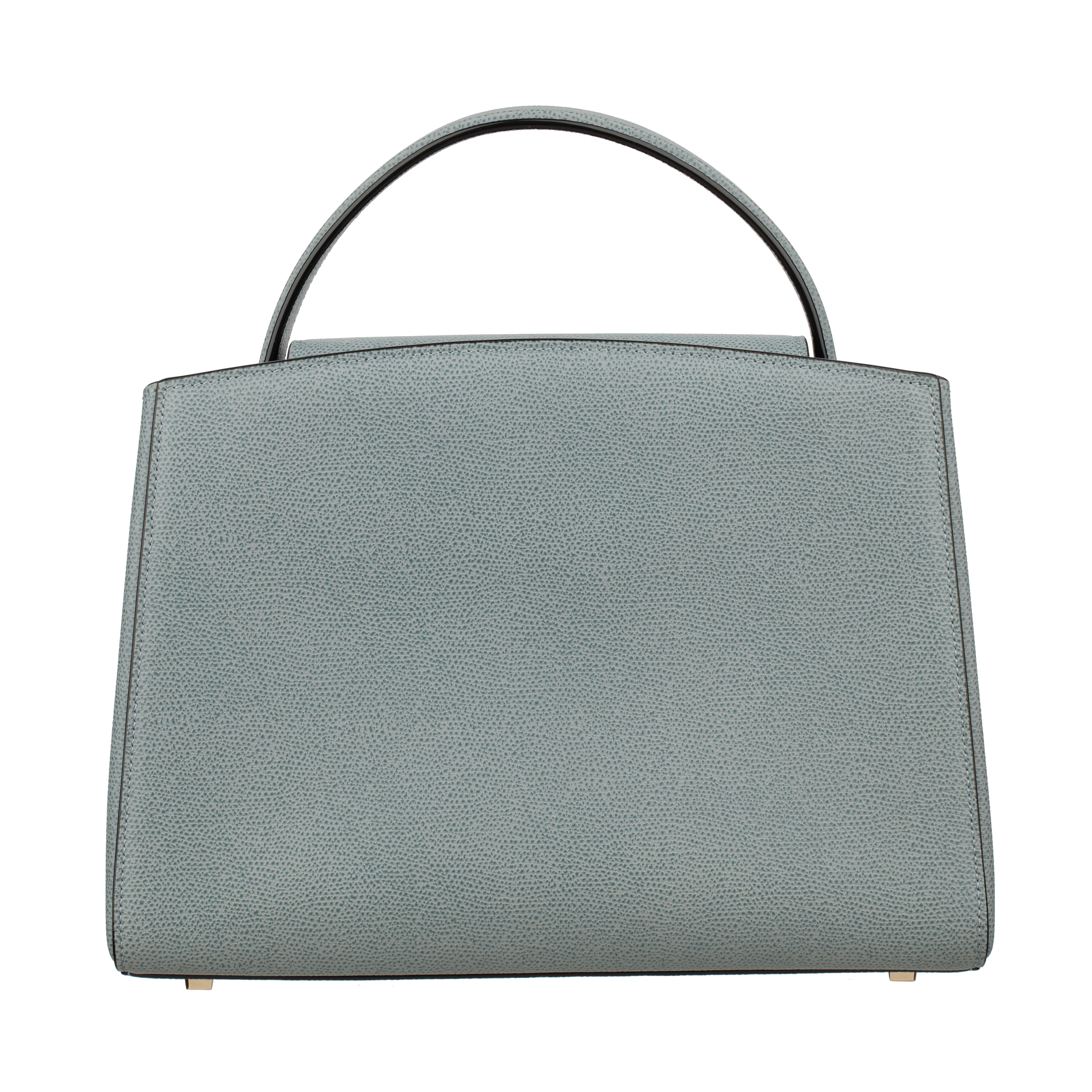 Valextra Brera Smokey Blue Grained Leather Medium Top Handle with Gold Tone Hard For Sale 2