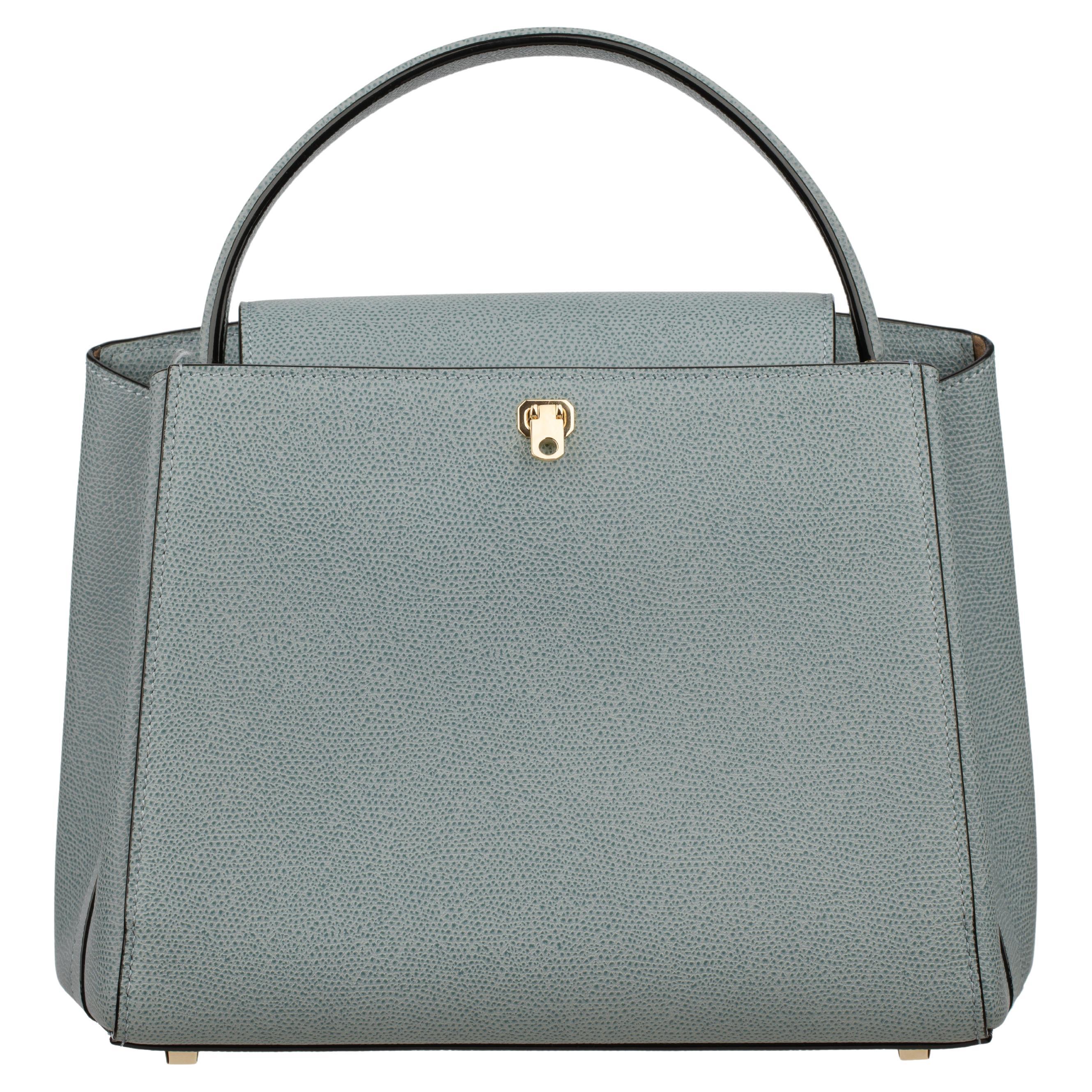 Valextra Brera Smokey Blue Grained Leather Medium Top Handle with Gold Tone Hard For Sale