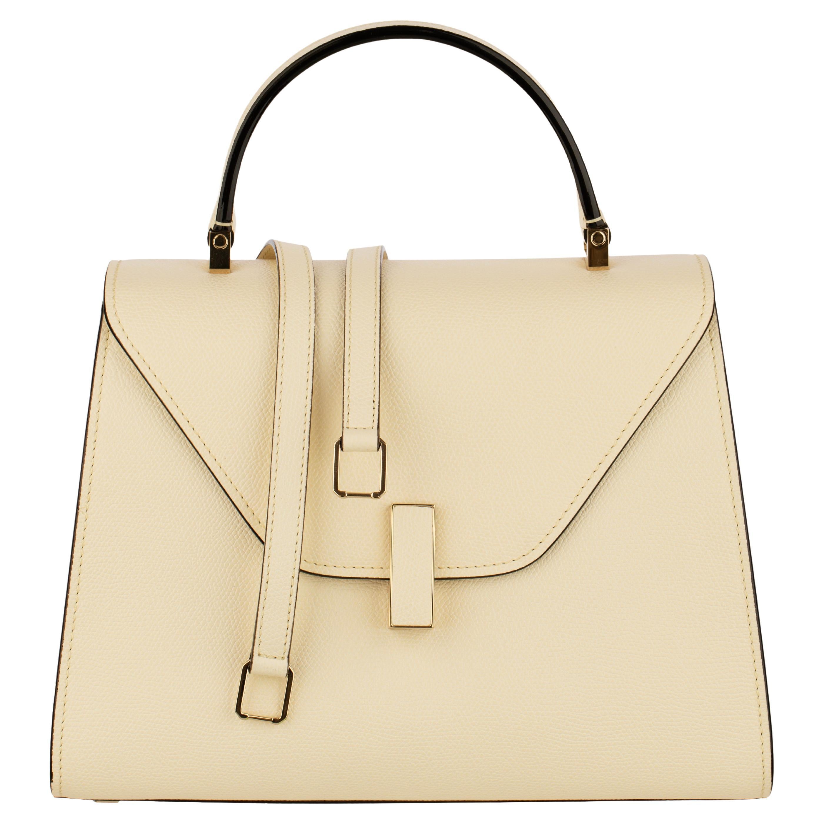 Valextra Iside Medium Top Handle Bag in Pergamena White Grained Leather with Gol