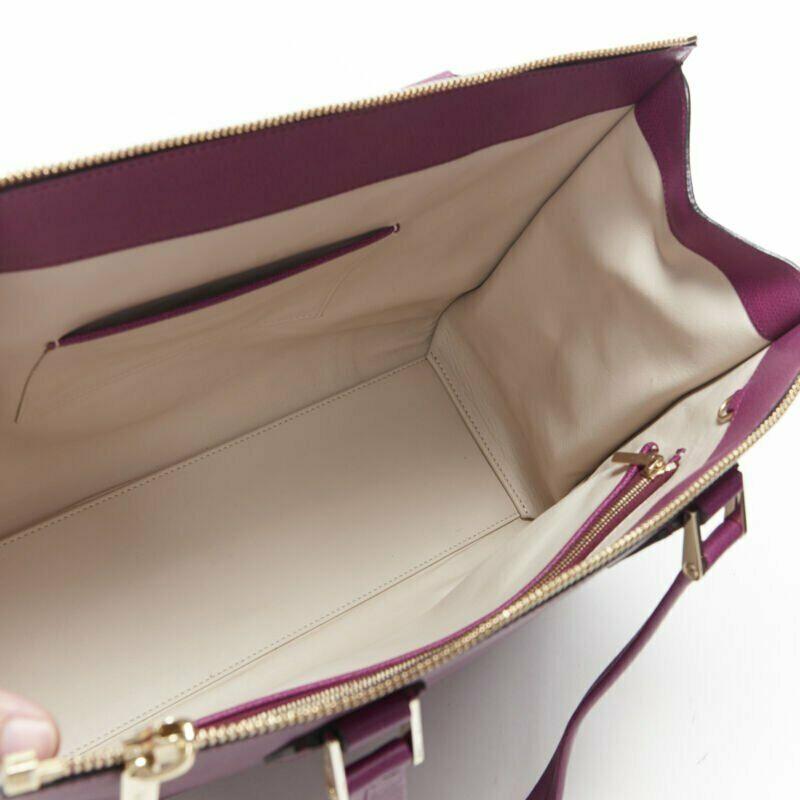 VALEXTRA purple leather dual top handle gold hardware top zip structured bag 3