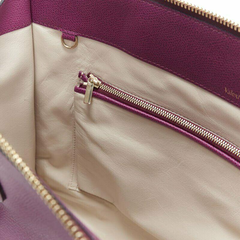 VALEXTRA purple leather dual top handle gold hardware top zip structured bag 4