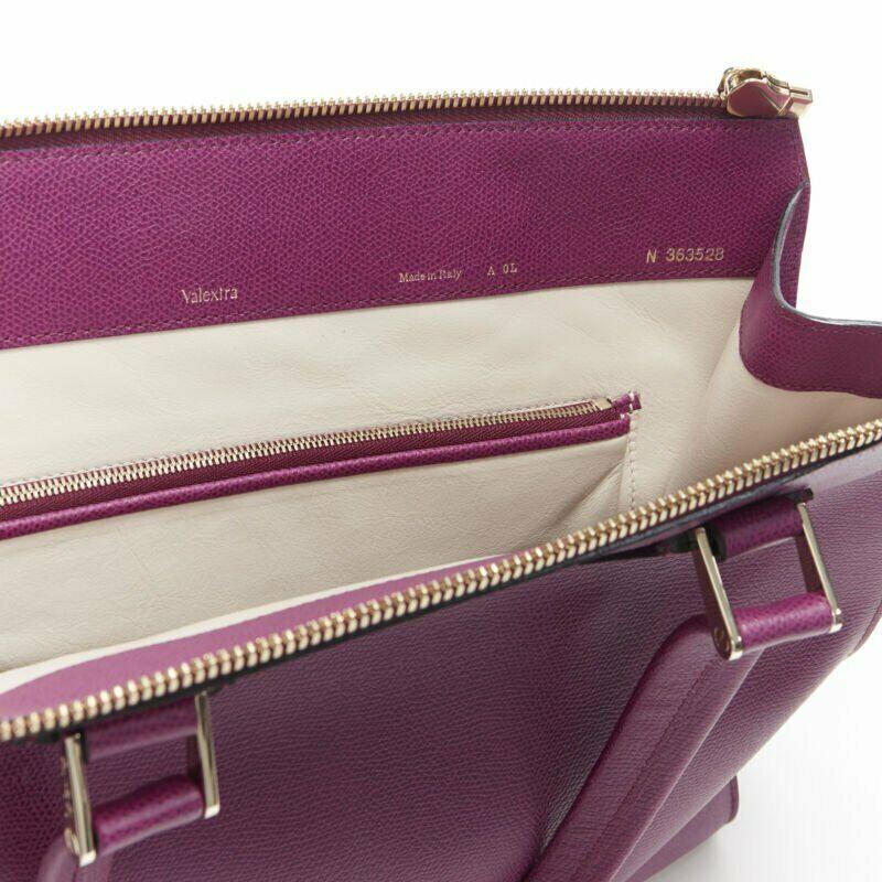 VALEXTRA purple leather dual top handle gold hardware top zip structured bag 5