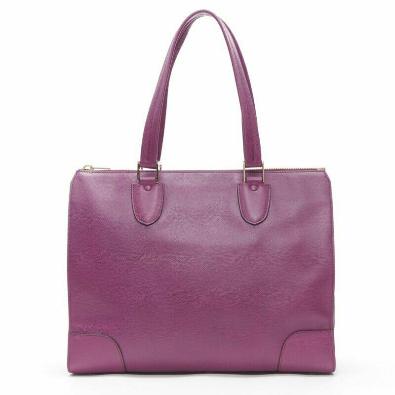 Gray VALEXTRA purple leather dual top handle gold hardware top zip structured bag
