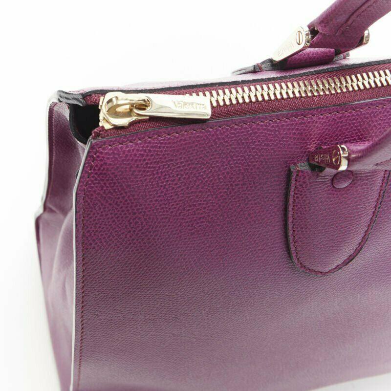 Women's VALEXTRA purple leather dual top handle gold hardware top zip structured bag