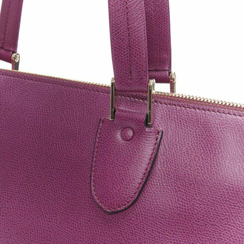 VALEXTRA purple leather dual top handle gold hardware top zip structured bag 1