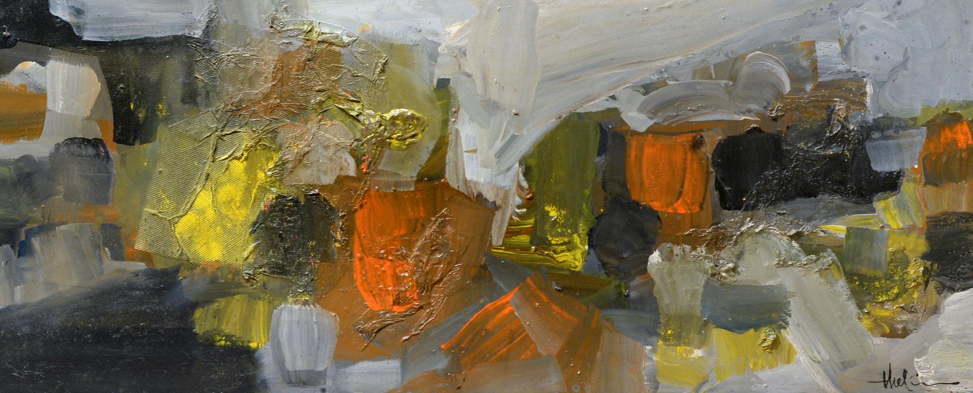 Un'audace e dinamica astrazione del 1965 circa, intitolata "Paesaggio di ottobre" di Valfred Thelin.  Dimensioni dell'immagine:  13 1/2" x 30".  Dimensioni della cornice:  18" x 35".

Il pittore Valfred Thelin è nato a Waterbury, nel Connecticut. 