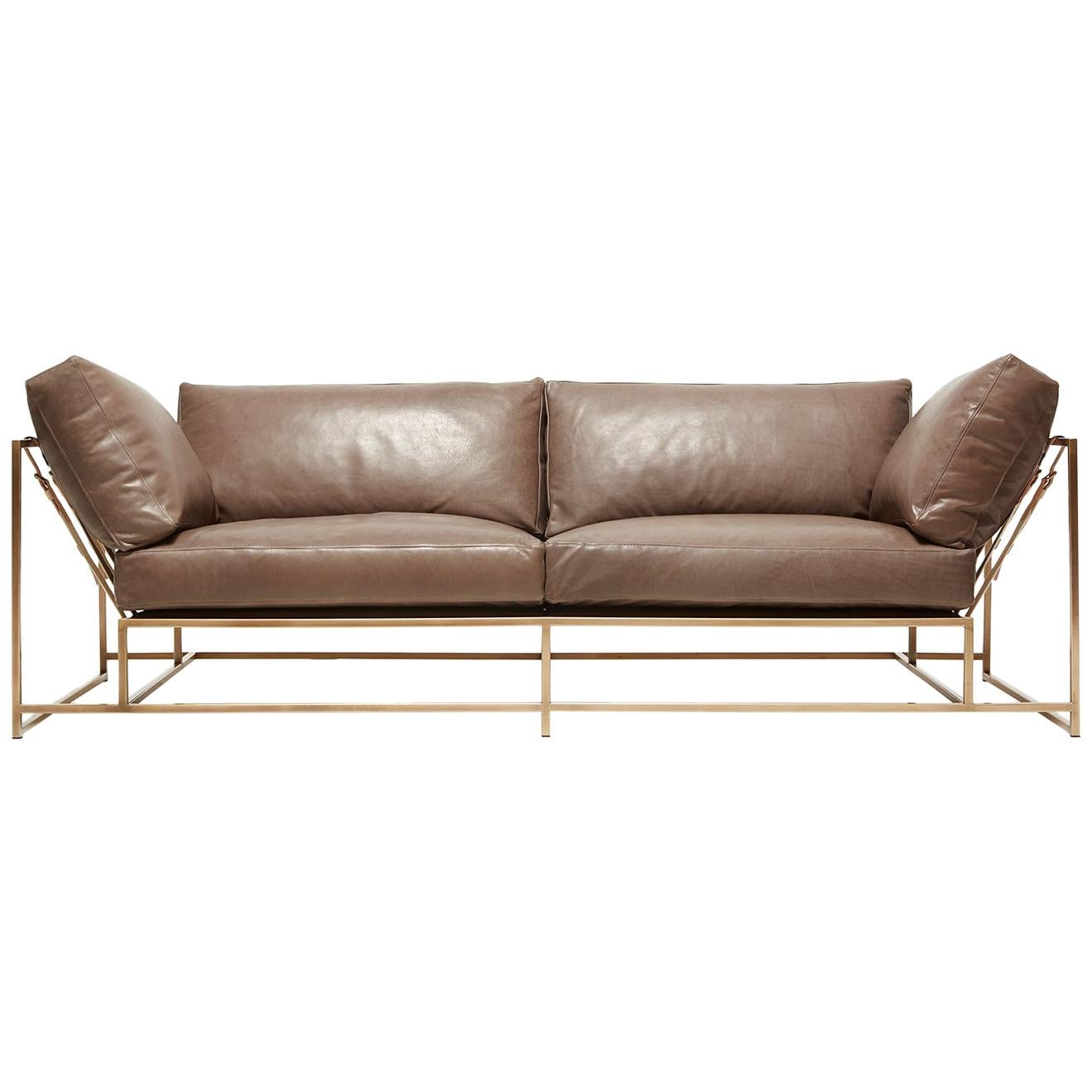 Valhalla Dove Leather and Antique Brass Two-Seat Sofa For Sale