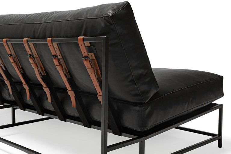Black Leather and Blackened Steel ExtraLong Loveseat For Sale at 1stDibs