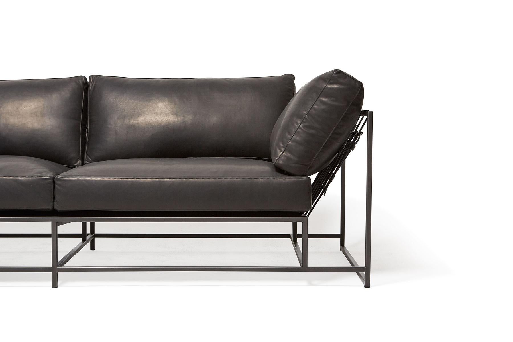 Modern Valhalla Granite Leather and Blackened Steel Two-Seat Sofa For Sale